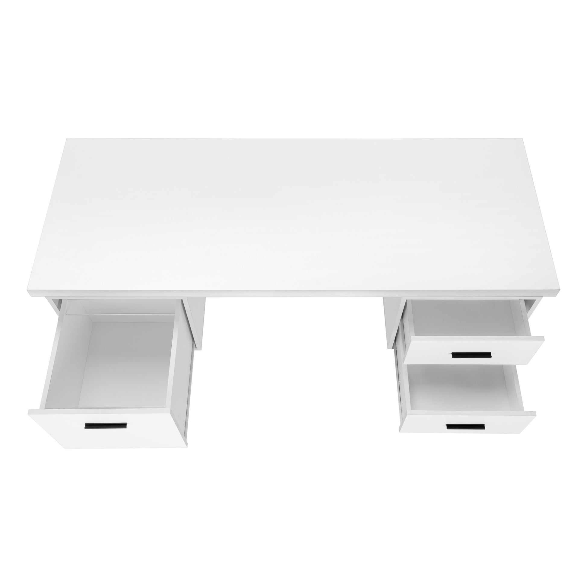 White minimalist desk with open drawers and black handles