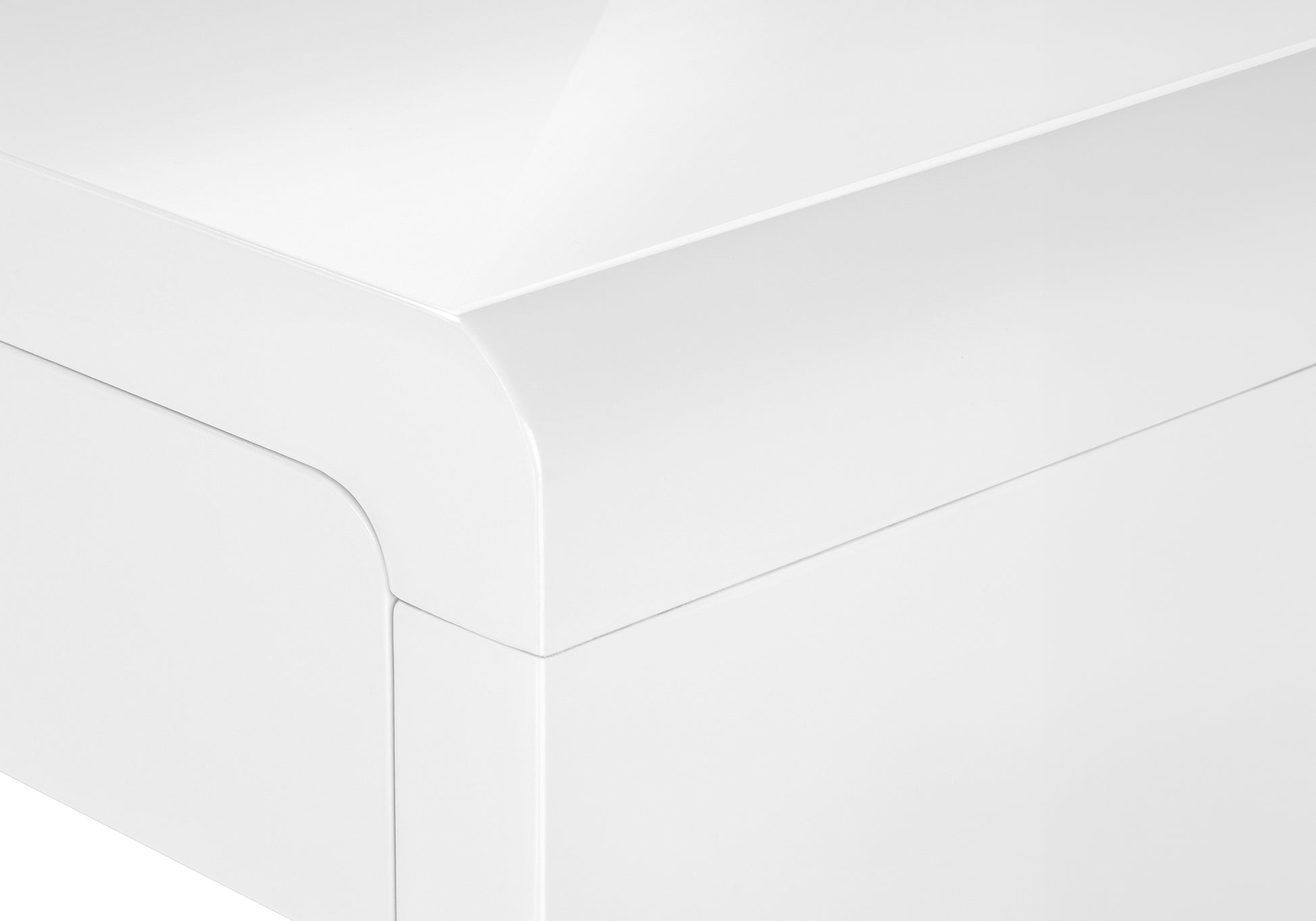 Clean white glossy finish on modern furniture drawer front smooth rounded edge detail