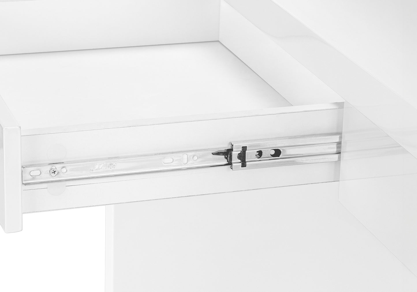 White gloss drawer front showing smooth metal ballbearing drawer slide for easy opening