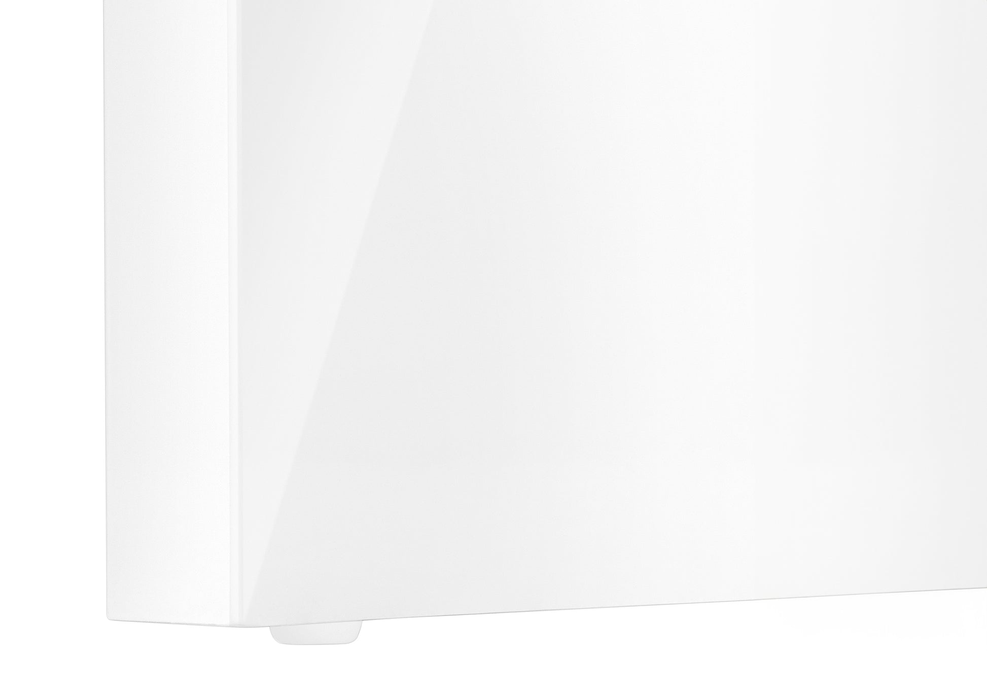 Glossy white cabinet door with soft rounded base