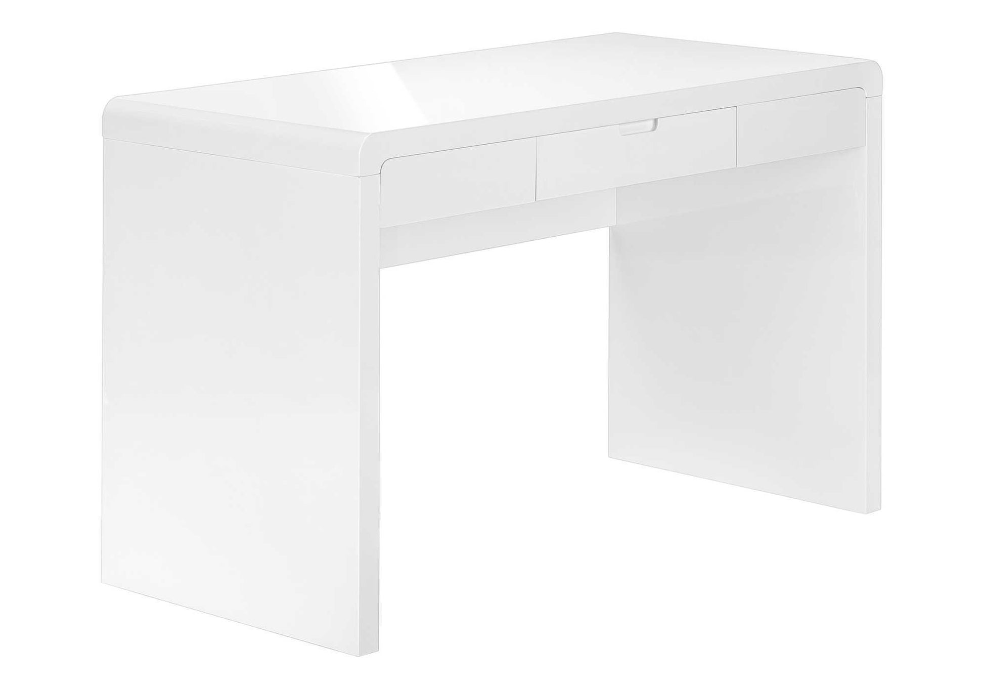 Sleek white modern vanity desk with two drawers and a curved front panel