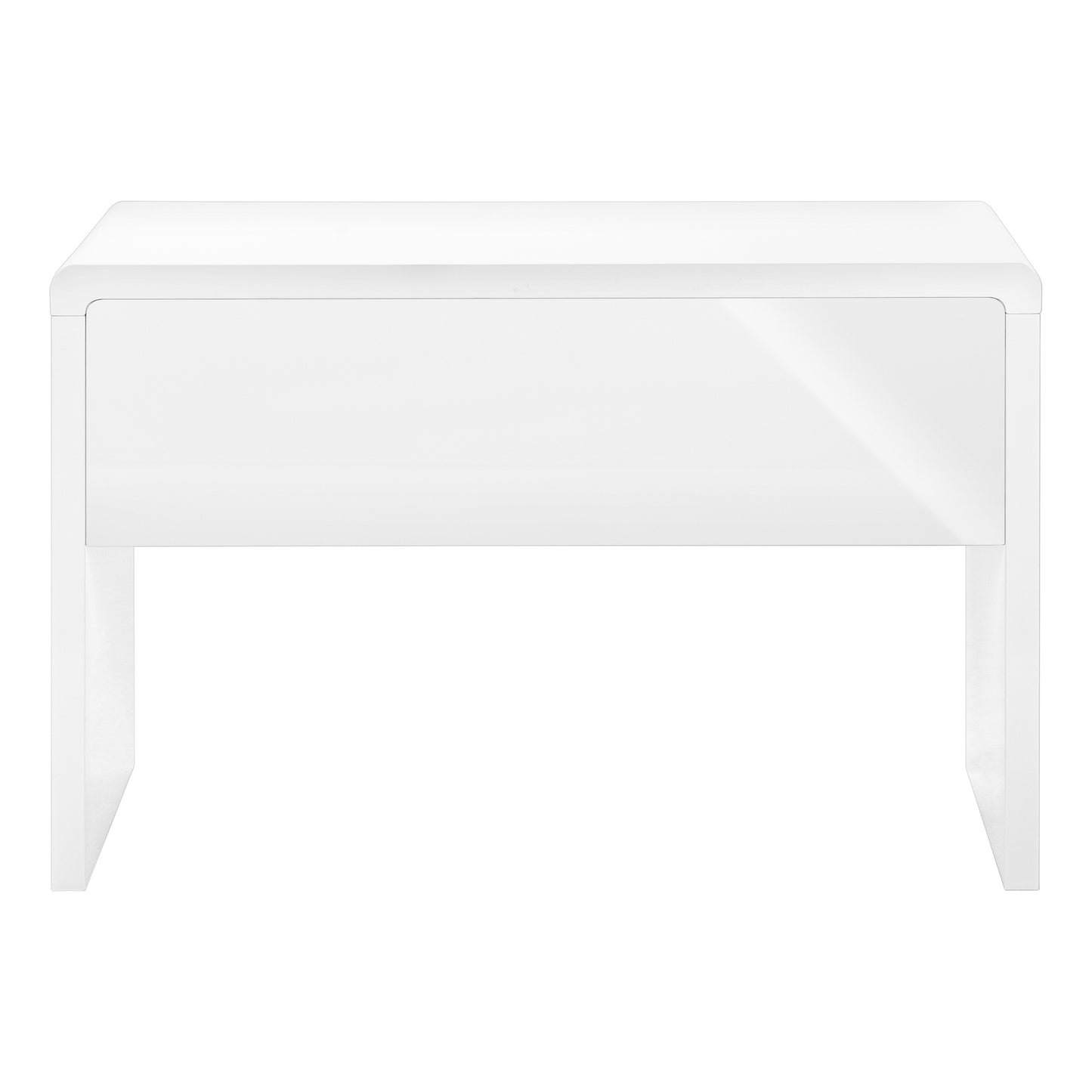Modern white nightstand with one drawer and sleek waterfall legs