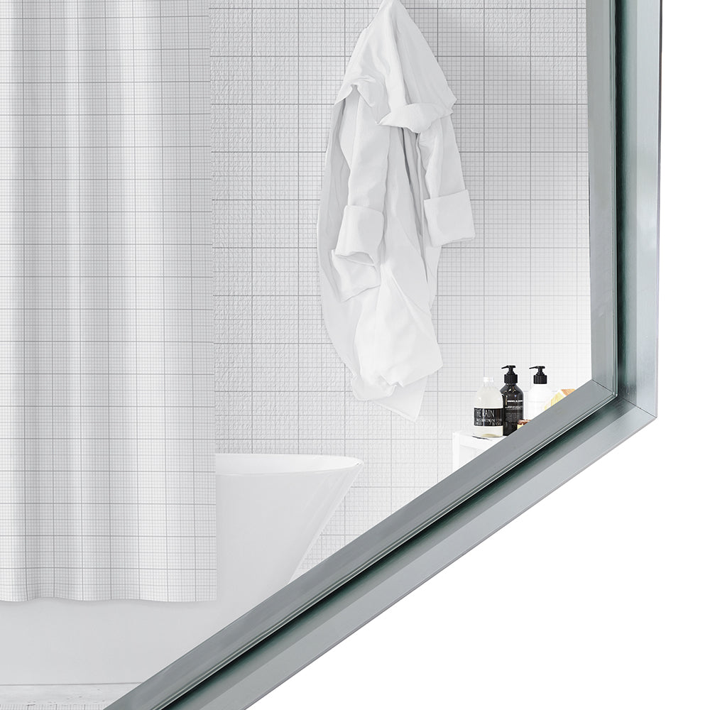 White grid patterned shower curtain with a clean modern design