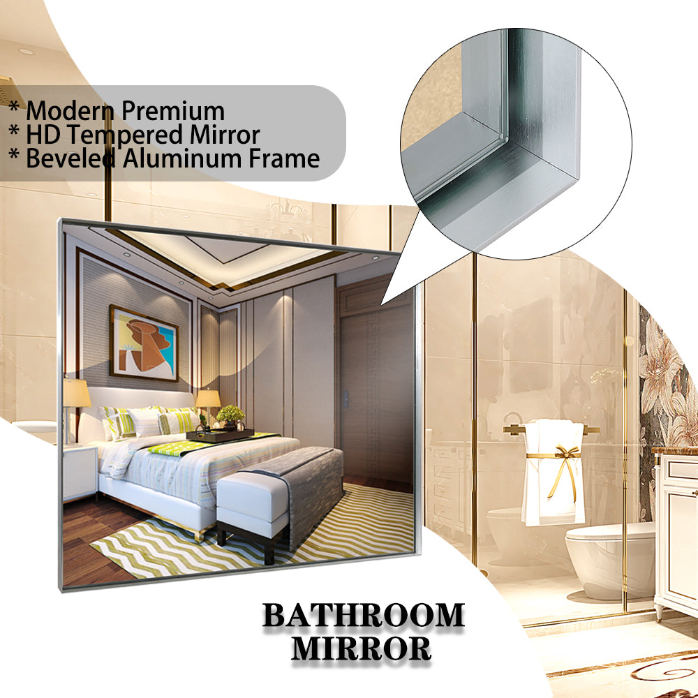 Modern rectangular bathroom mirror with brushed aluminum frame