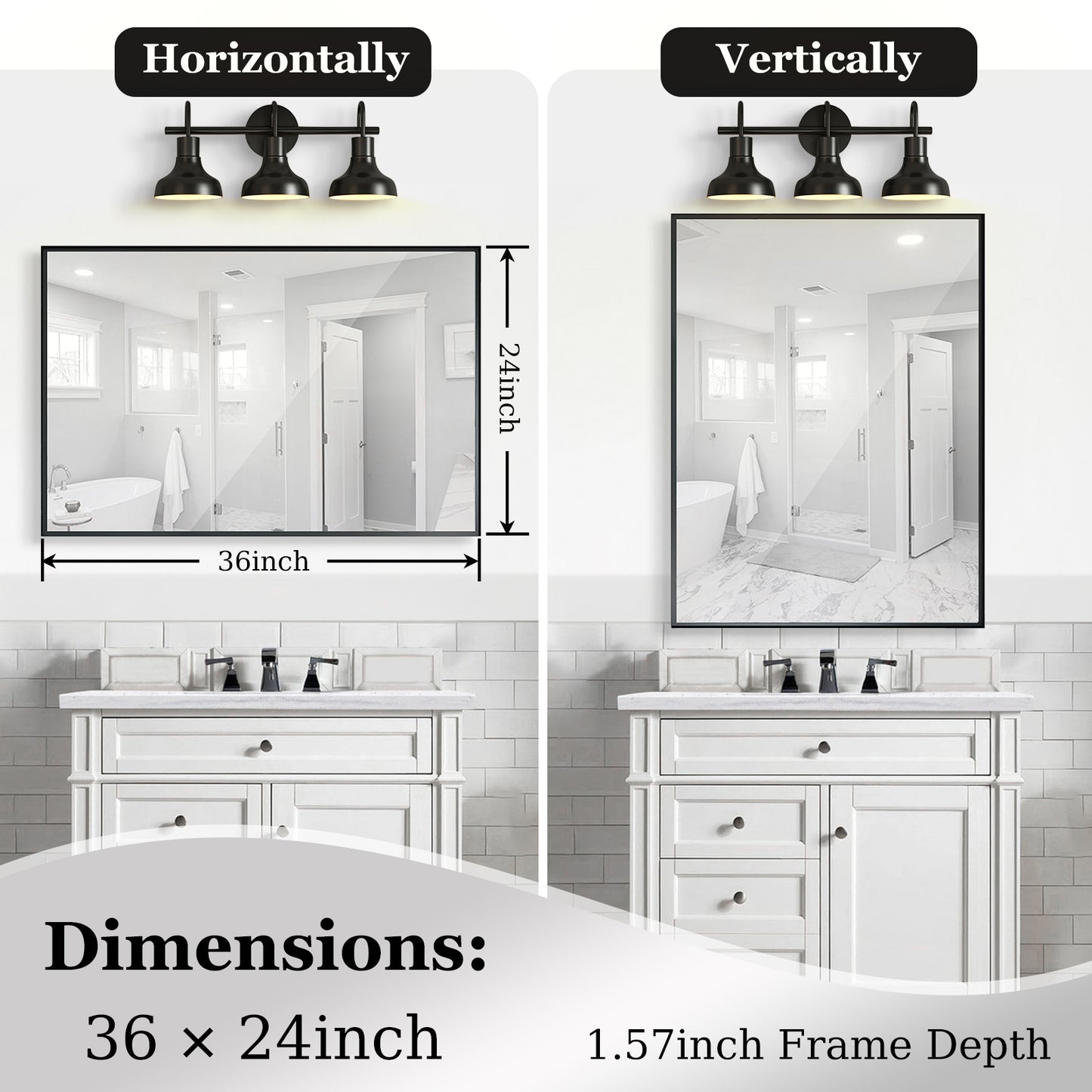 x  inch black framed bathroom mirror shown horizontally