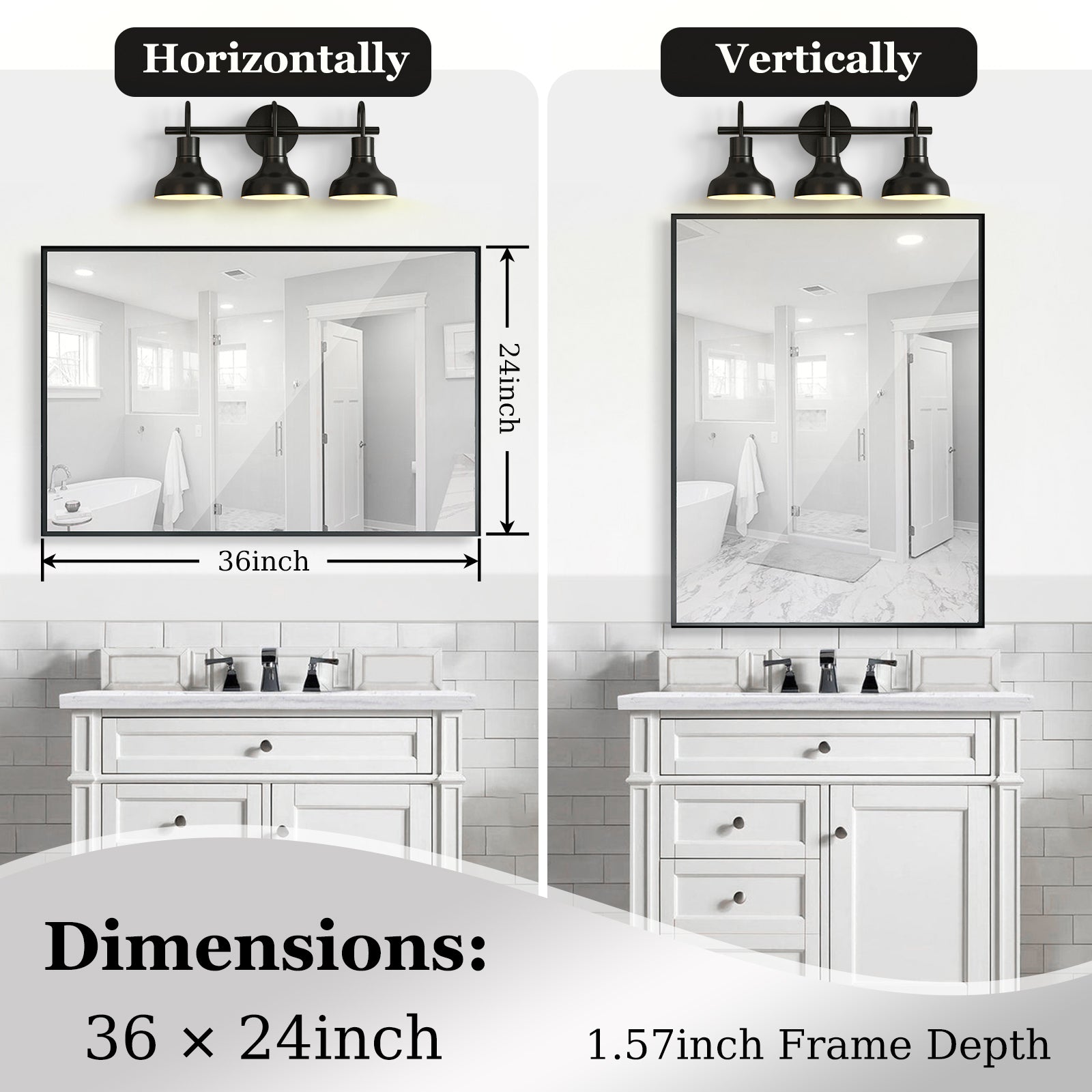 x  inch black framed bathroom mirror shown horizontally