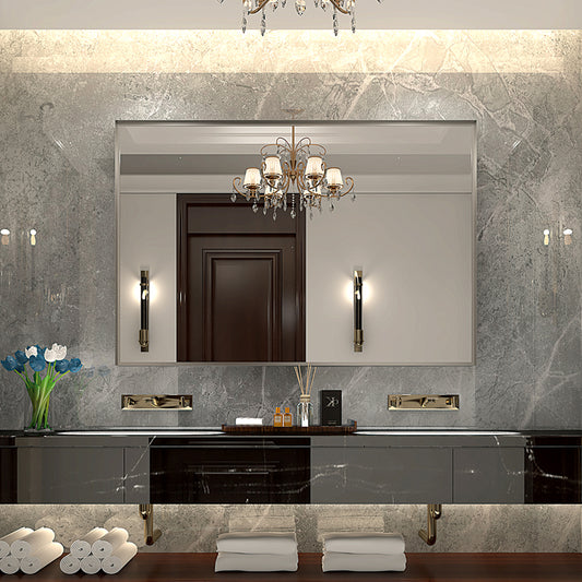 Modern bathroom vanity with a marble countertop and sleek gray cabinetry