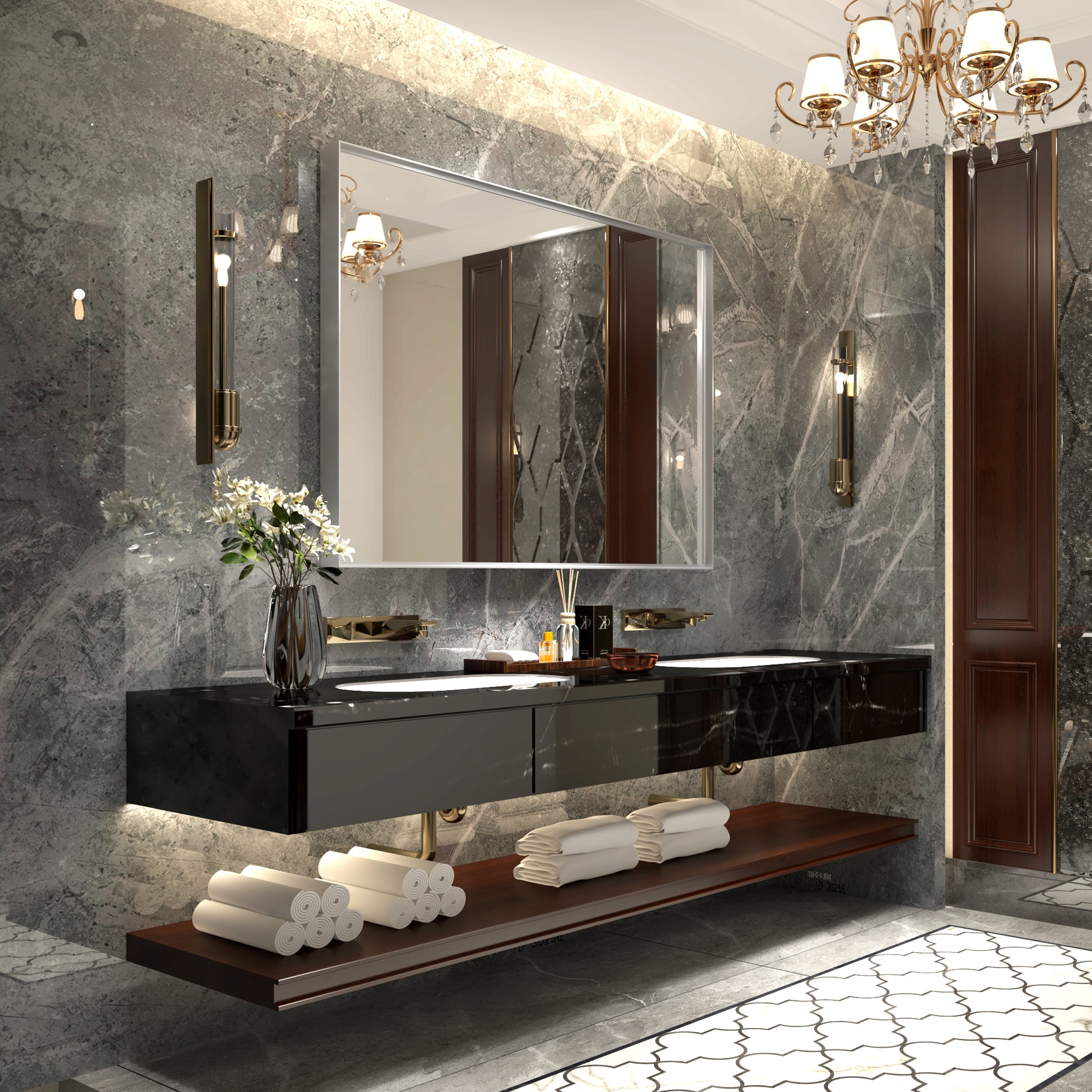 Modern black marble vanity with dual sinks and gold fixtures perfect for a luxury bathroom
