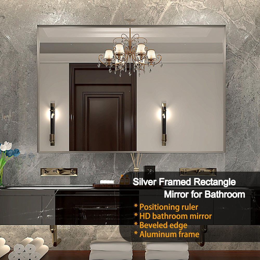 Rectangular silver framed bathroom mirror with HD clarity and bevelled edge