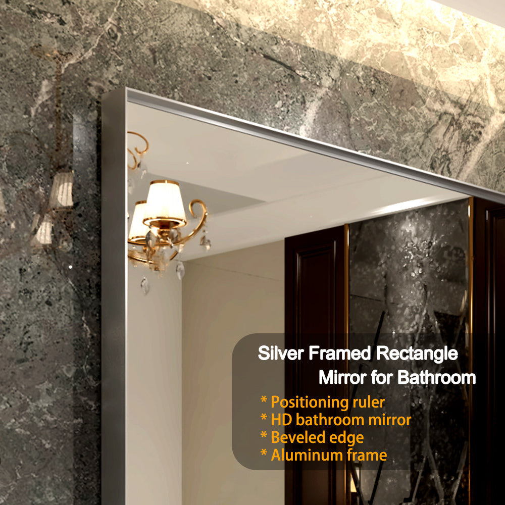 Silver framed rectangle bathroom mirror with HD glass and beveled edge