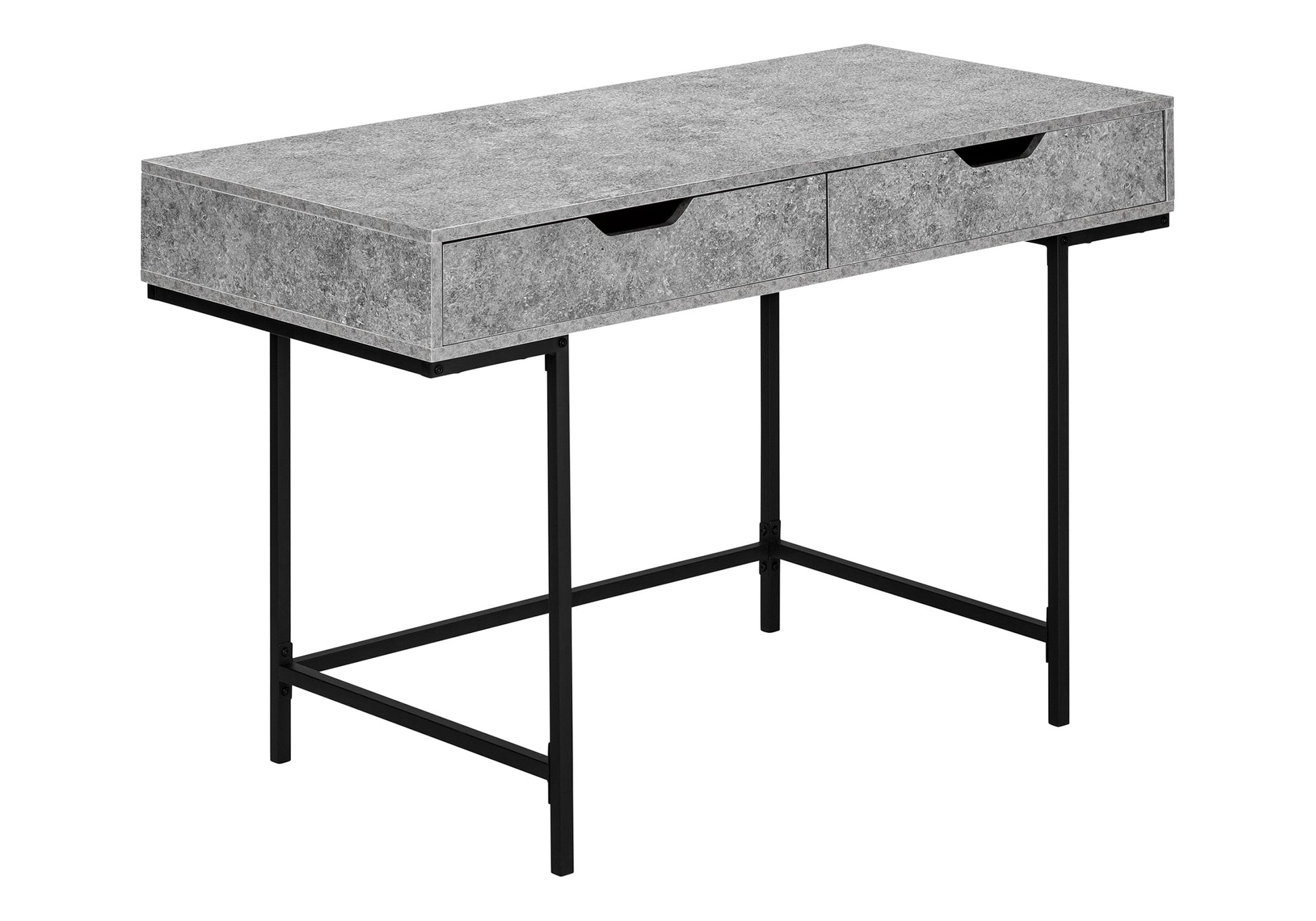 Gray faux concrete console table with two drawers and black metal legs