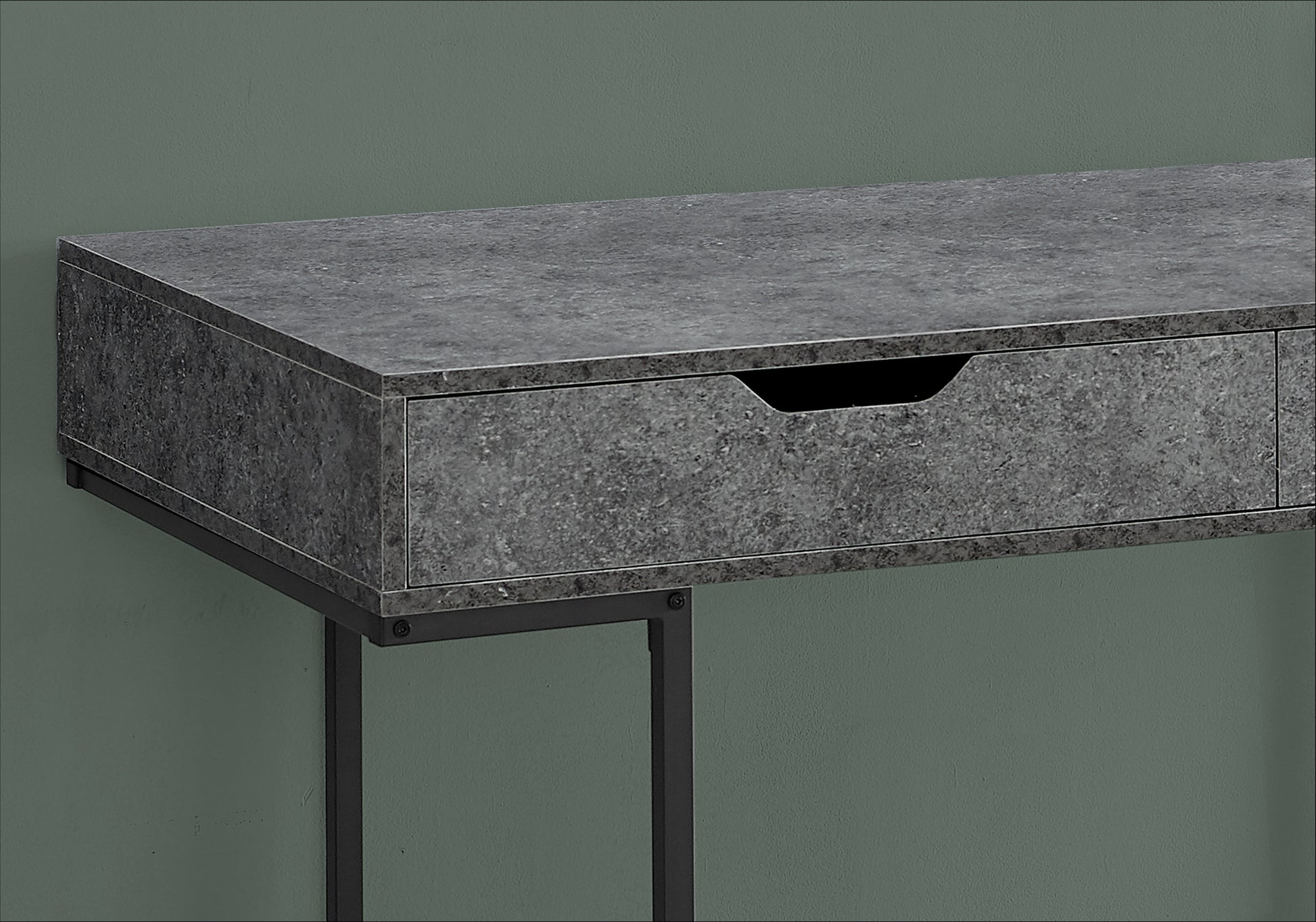 Modern gray concretelook desk with a single drawer and sleek metal legs