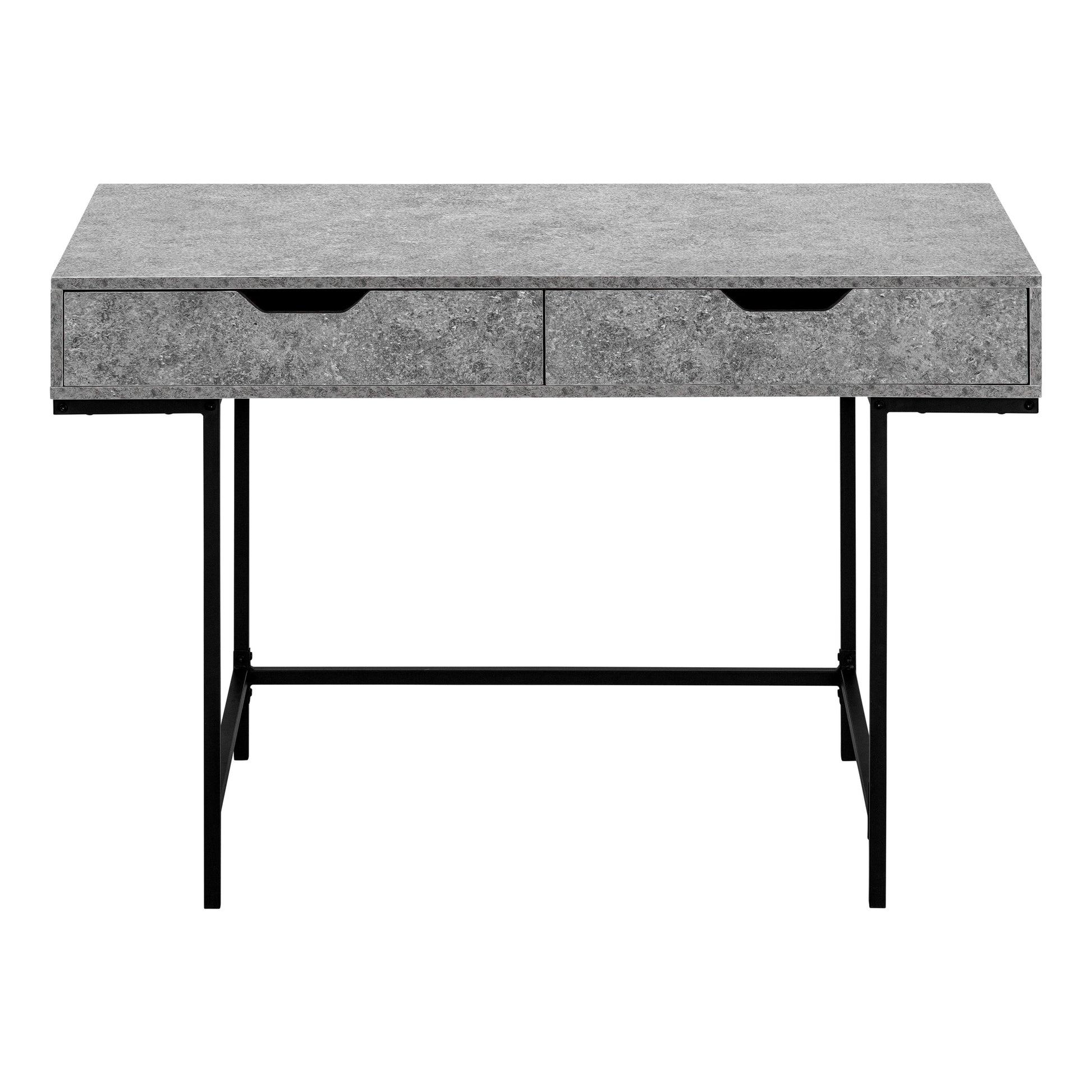 Grey faux concrete writing desk with two drawers and black metal legs