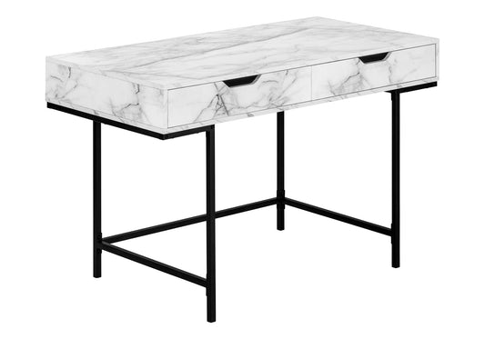 White marble effect console table with two drawers and black metal legs