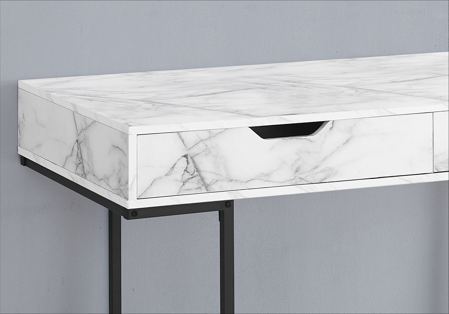 White marble console table with black metal legs and drawer
