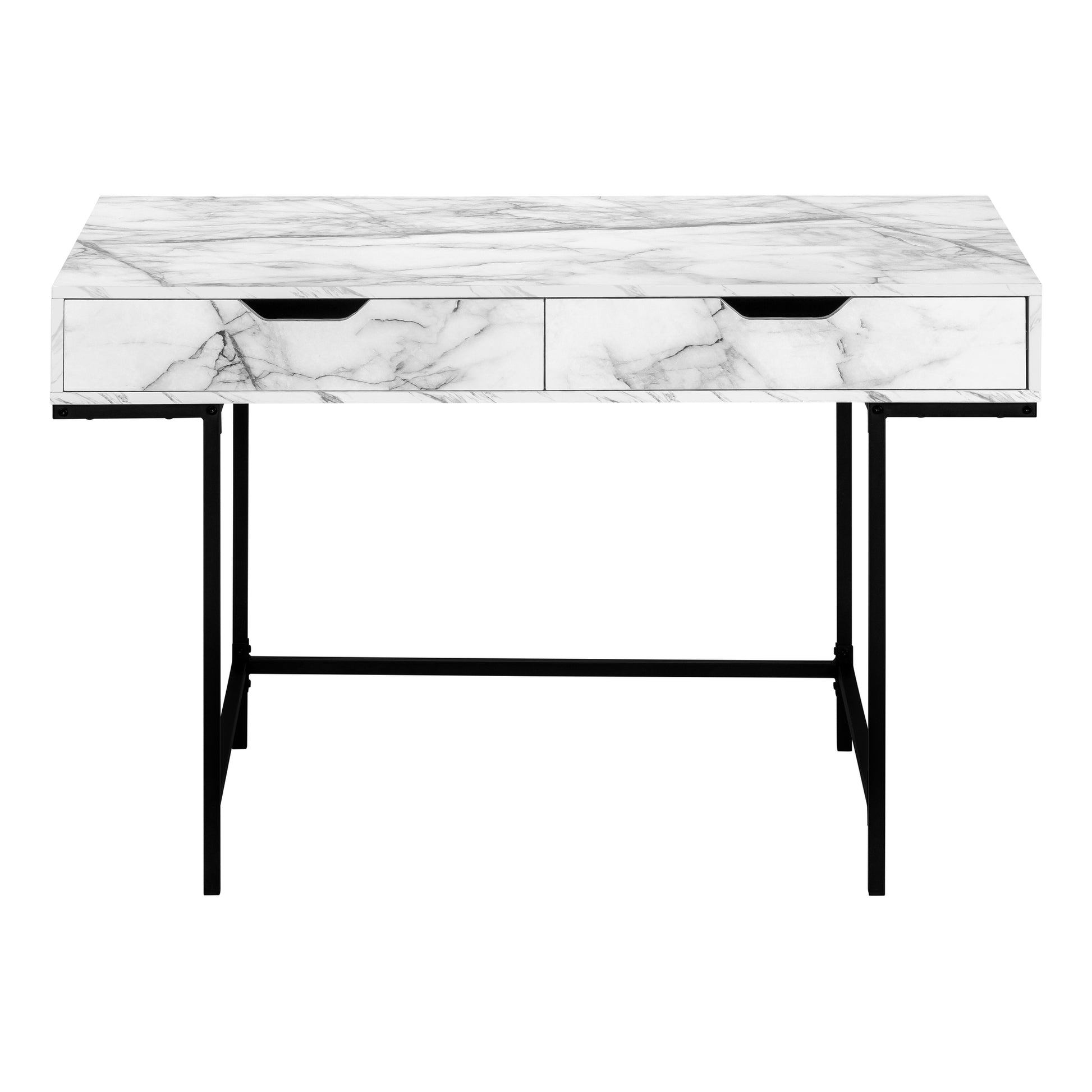 White marble effect desk with two drawers and black metal legs