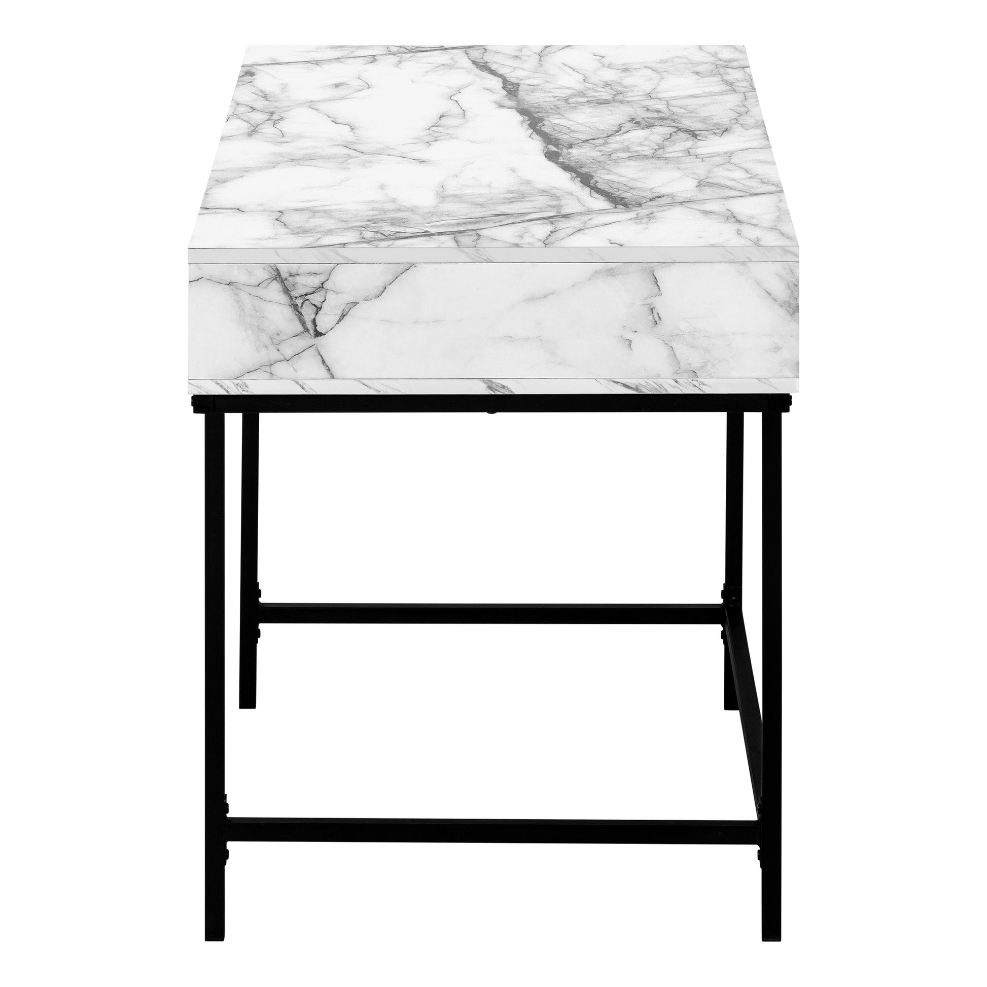 White marble effect side table with a black metal frame