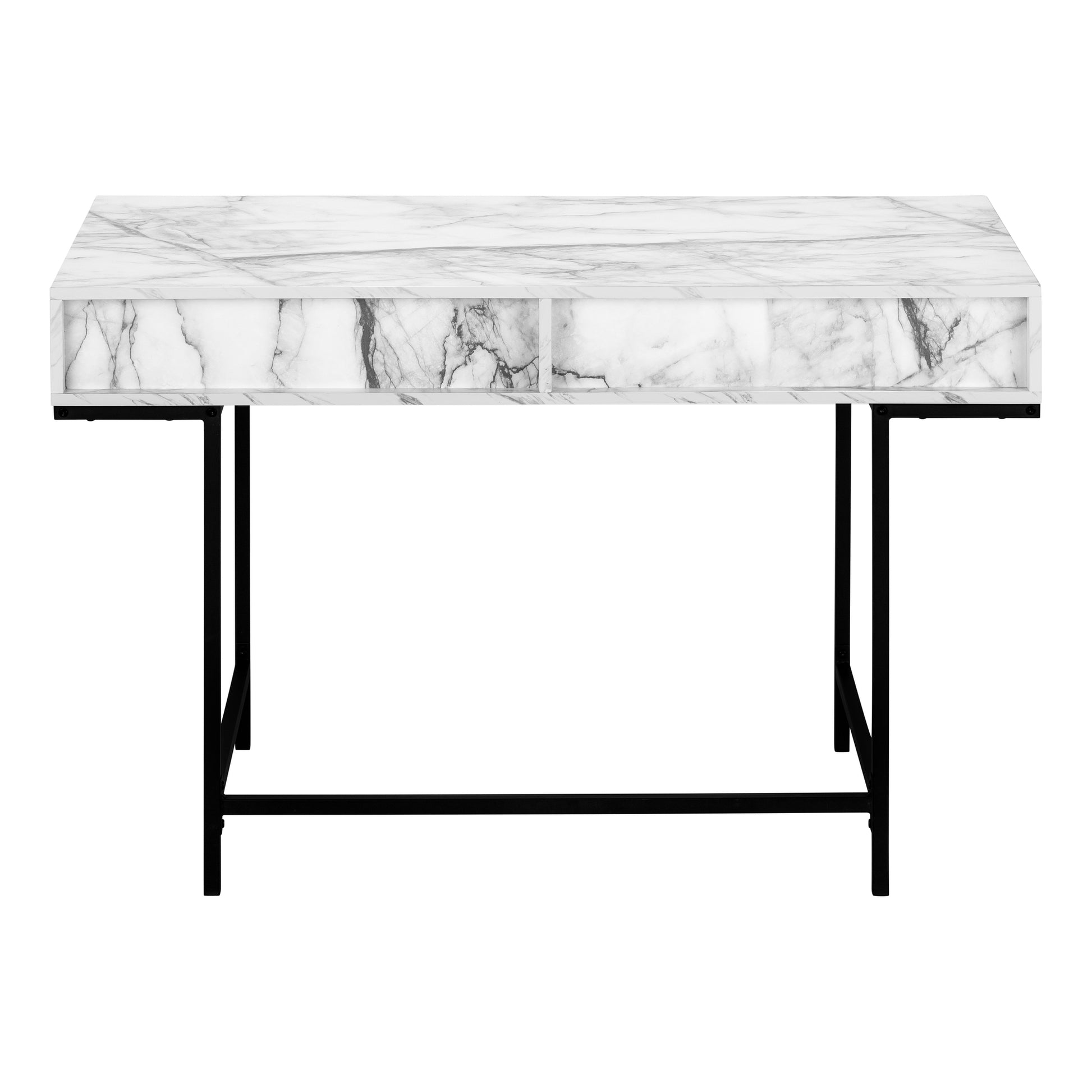 Modern marble desk with black metal legs and minimalist design for home office