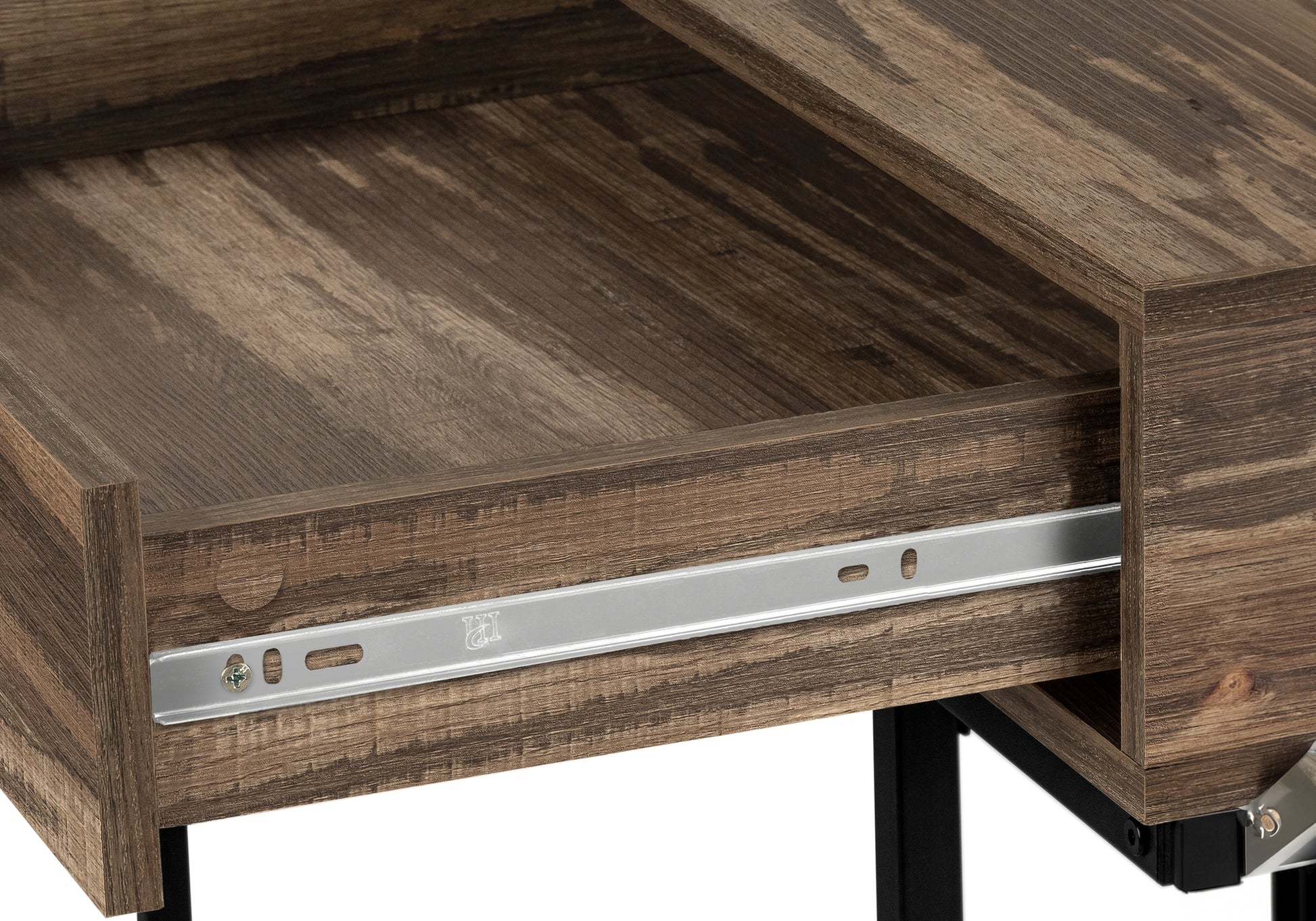 Rustic brown wood desk drawer with visible metal slide hardware for smooth operation