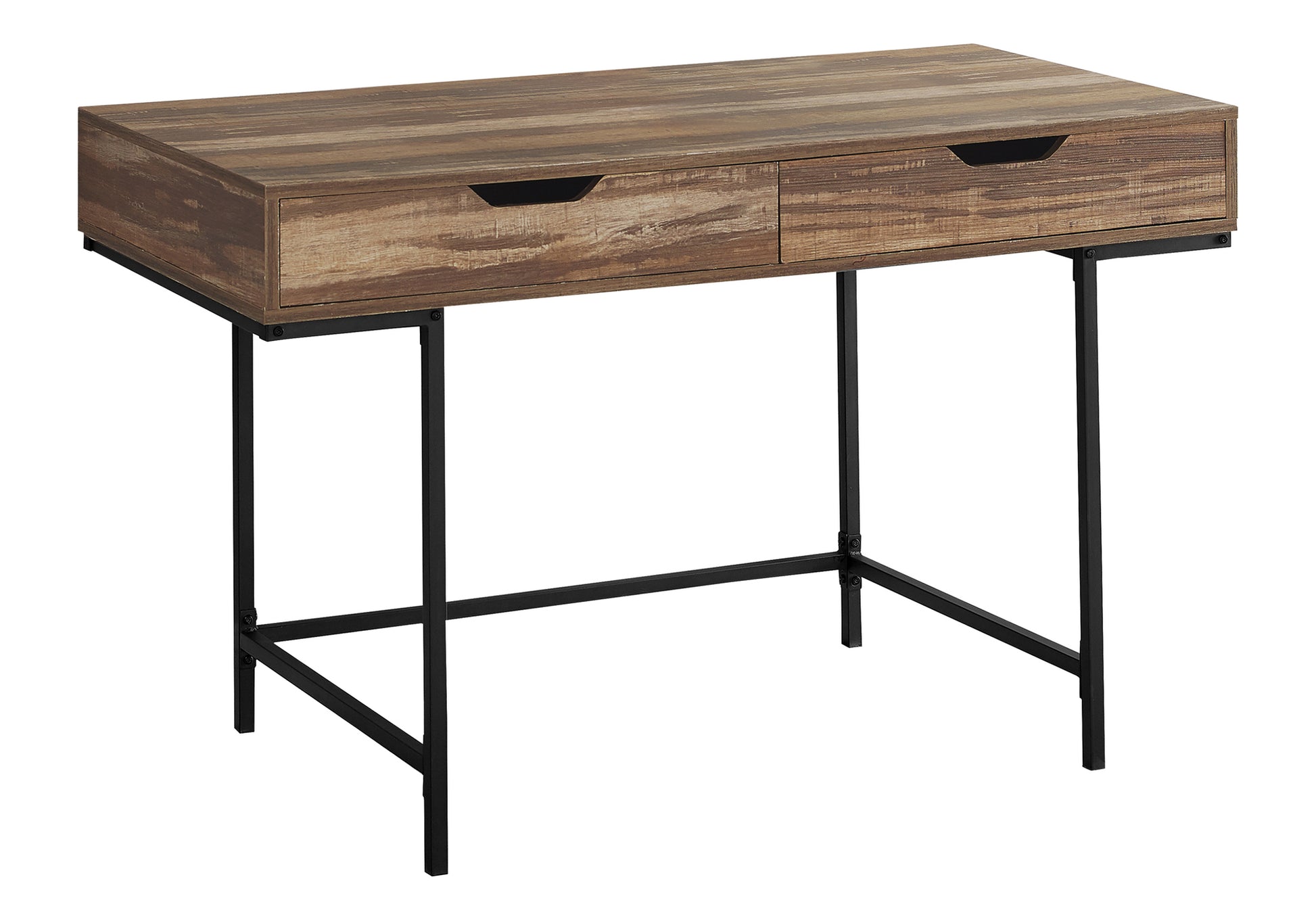 Rustic brown wood grain writing desk with two drawers and black metal legs
