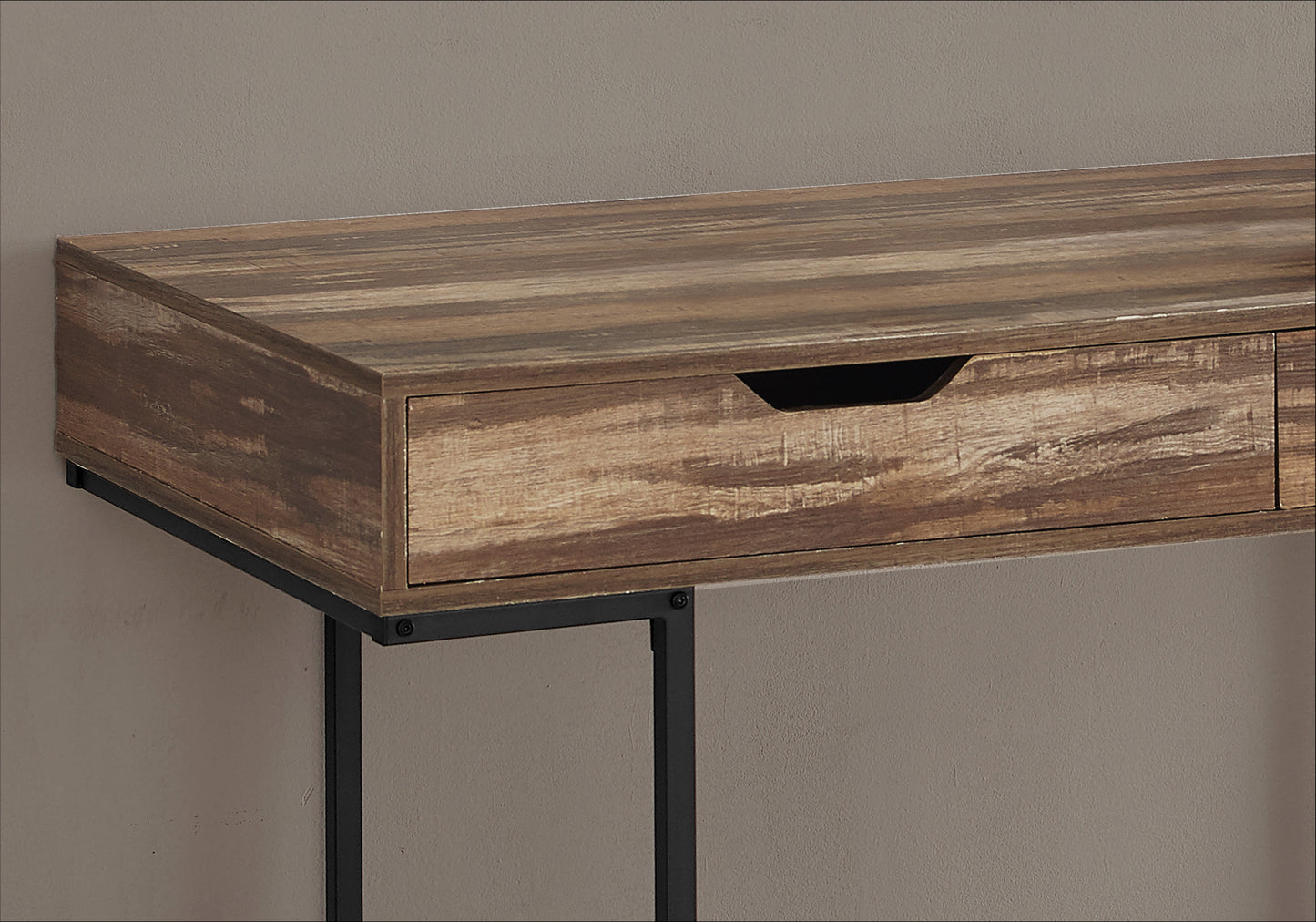 Rustic wood finish desk with black metal legs and two drawers