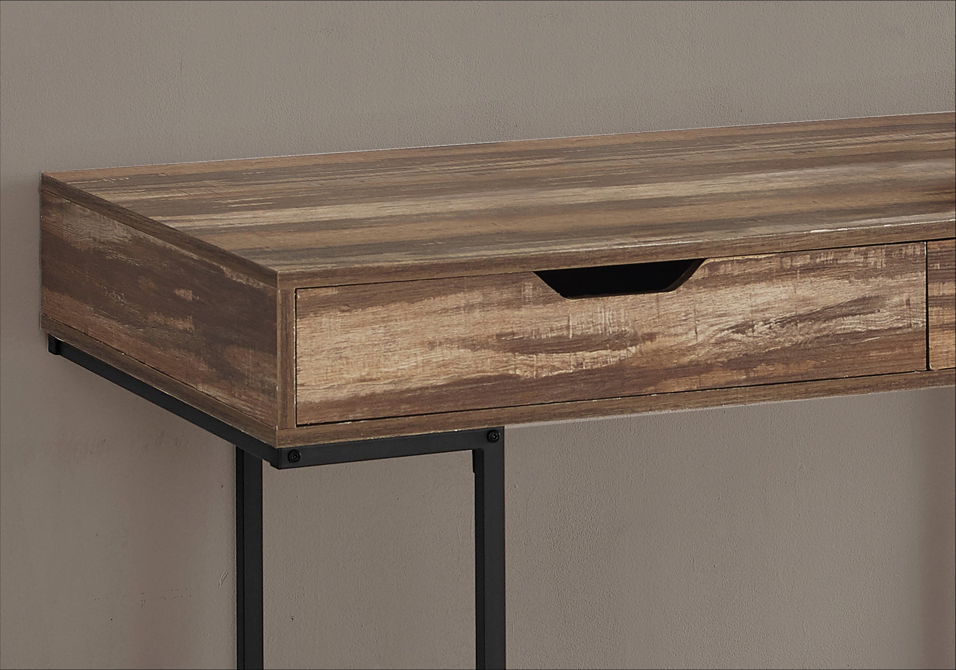 Rustic wood finish desk with black metal legs and two drawers