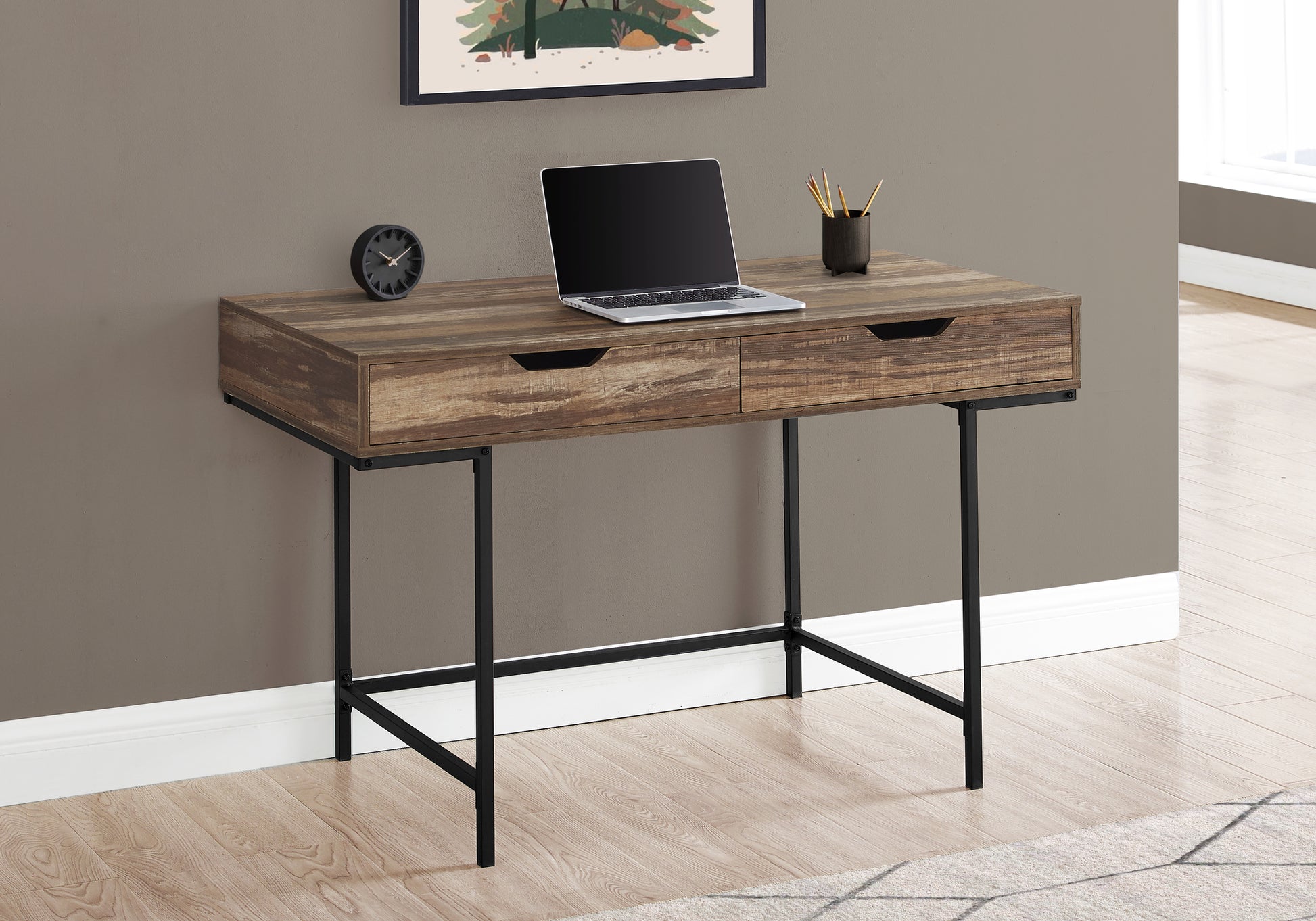Rustic brown wood desk with laptop and clock perfect for a home office