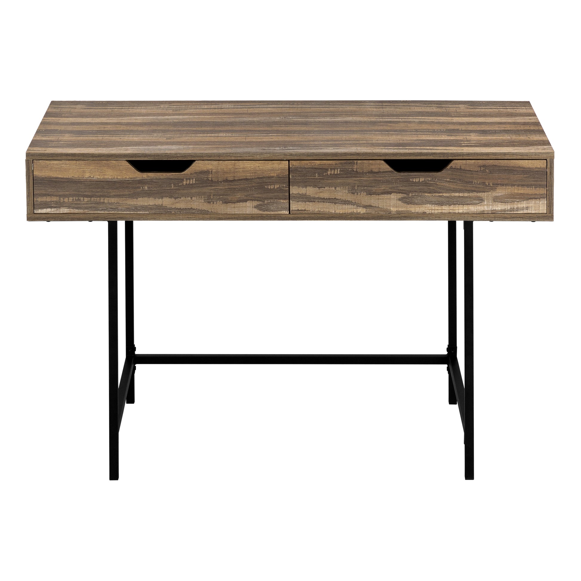 Rustic brown wood veneer writing desk with two drawers and black metal legs