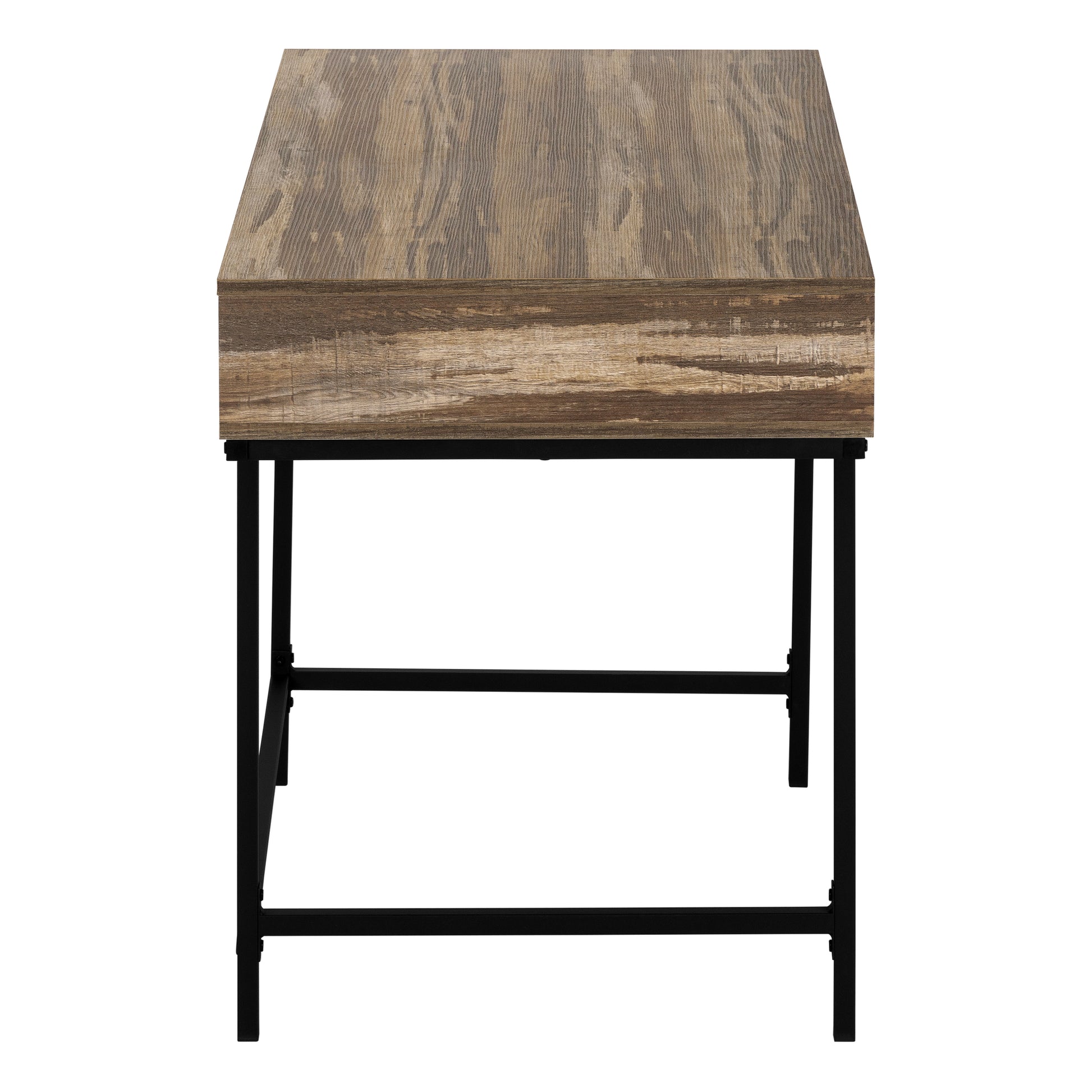 Rustic wood grain end table with black metal frame and legs