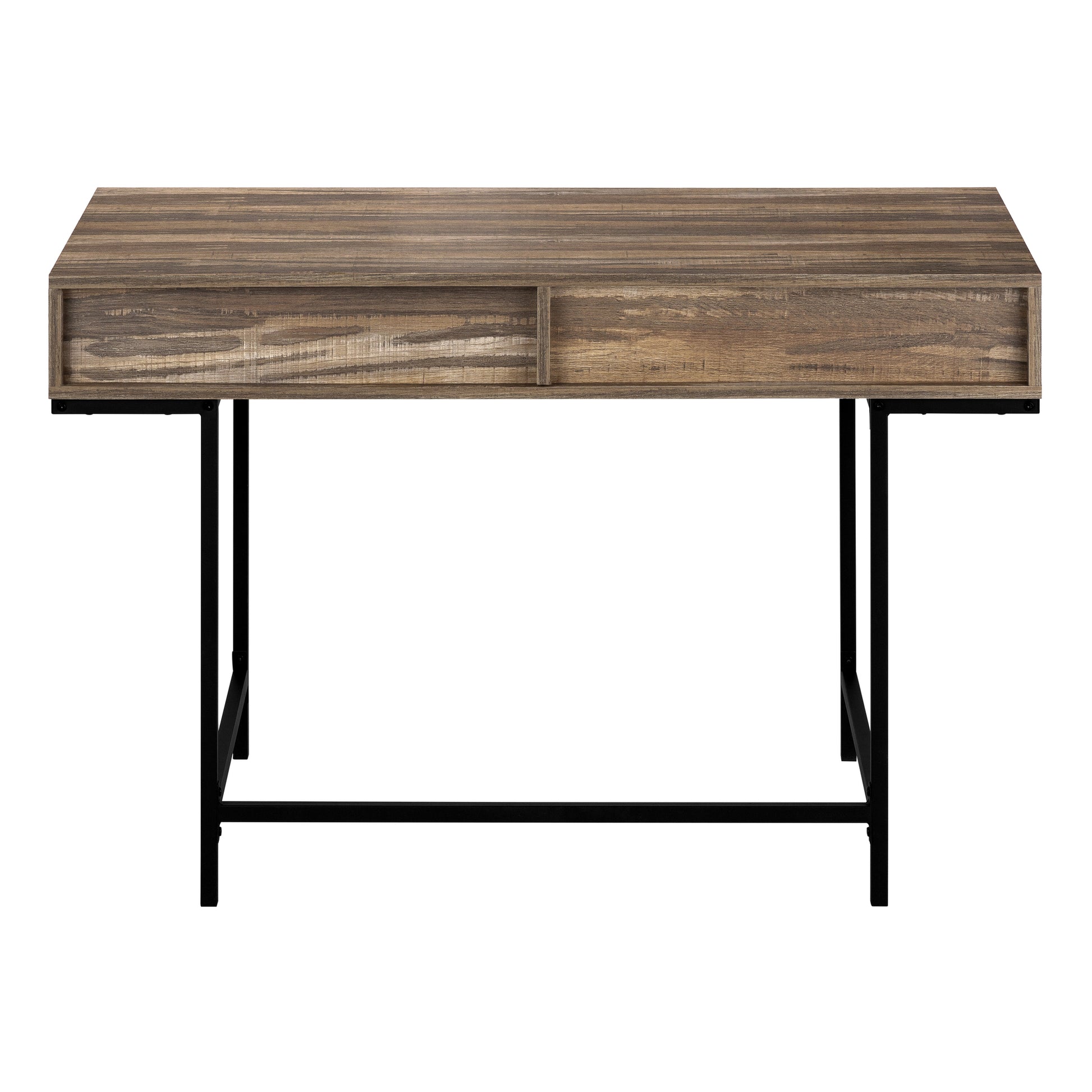 Rustic wood desk with black metal legs and two sliding drawers