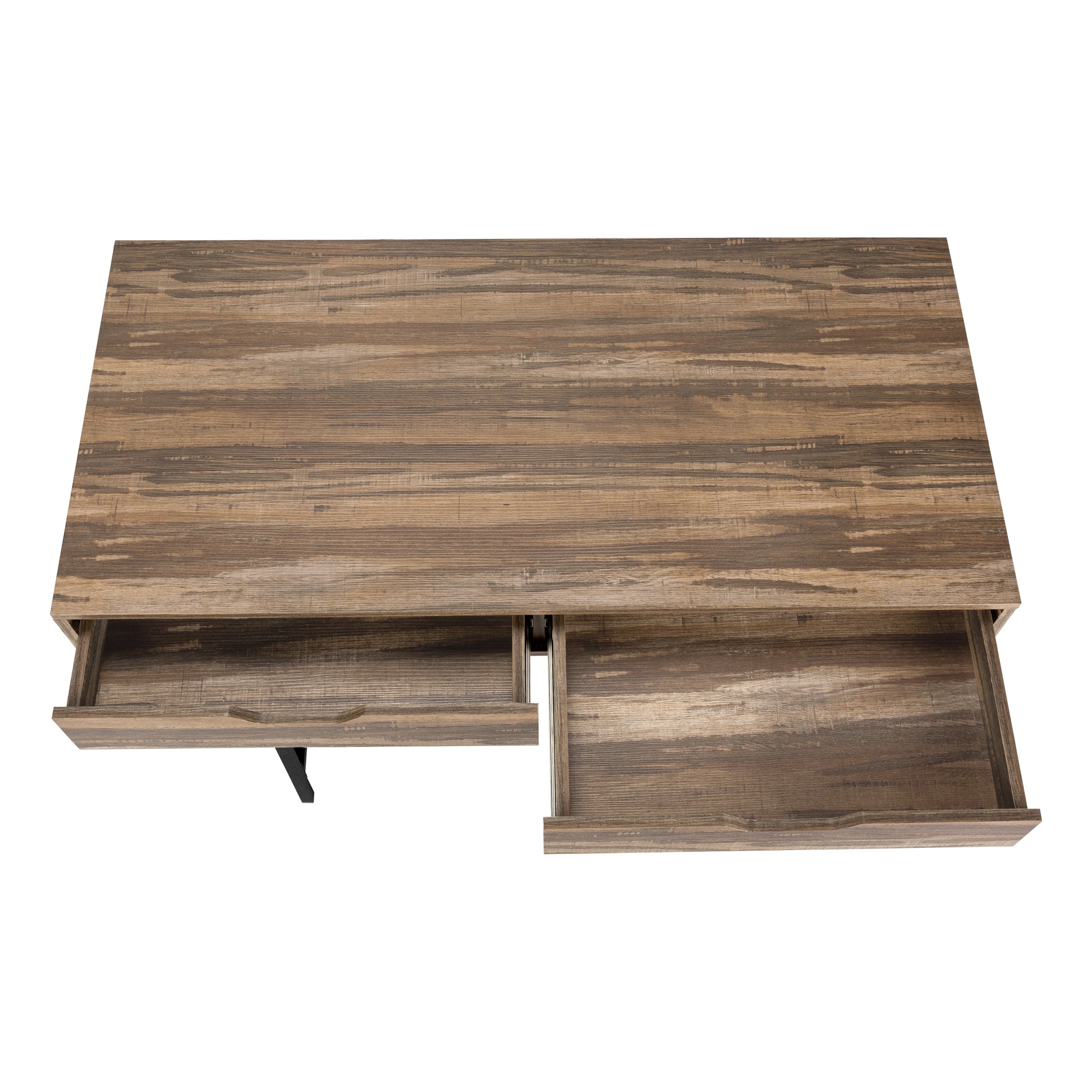 Rustic wood finish desk with two open drawers and metal legs