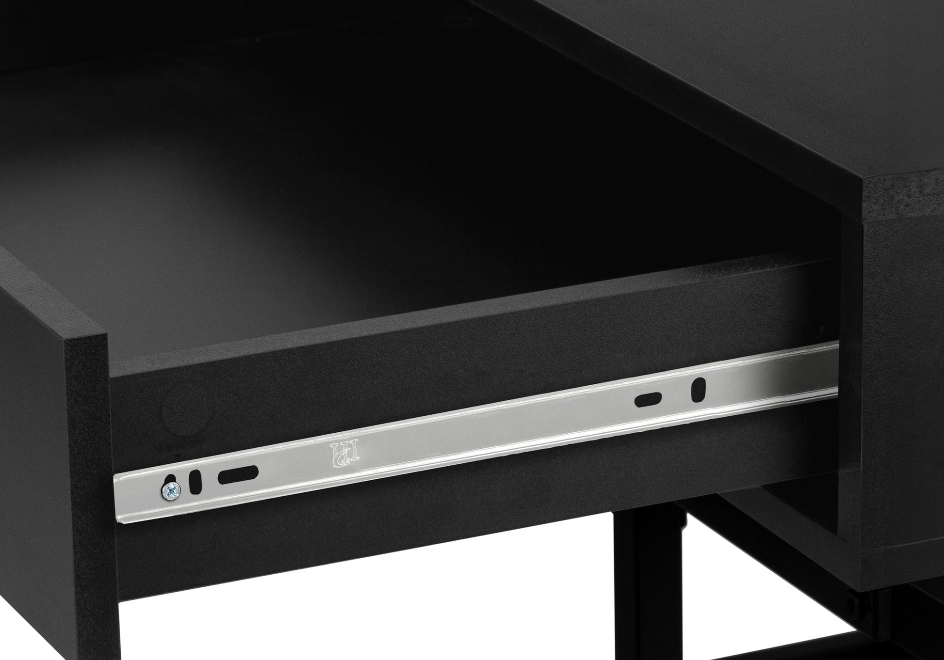 Black desk drawer with smoothgliding metal runner mechanism for easy access