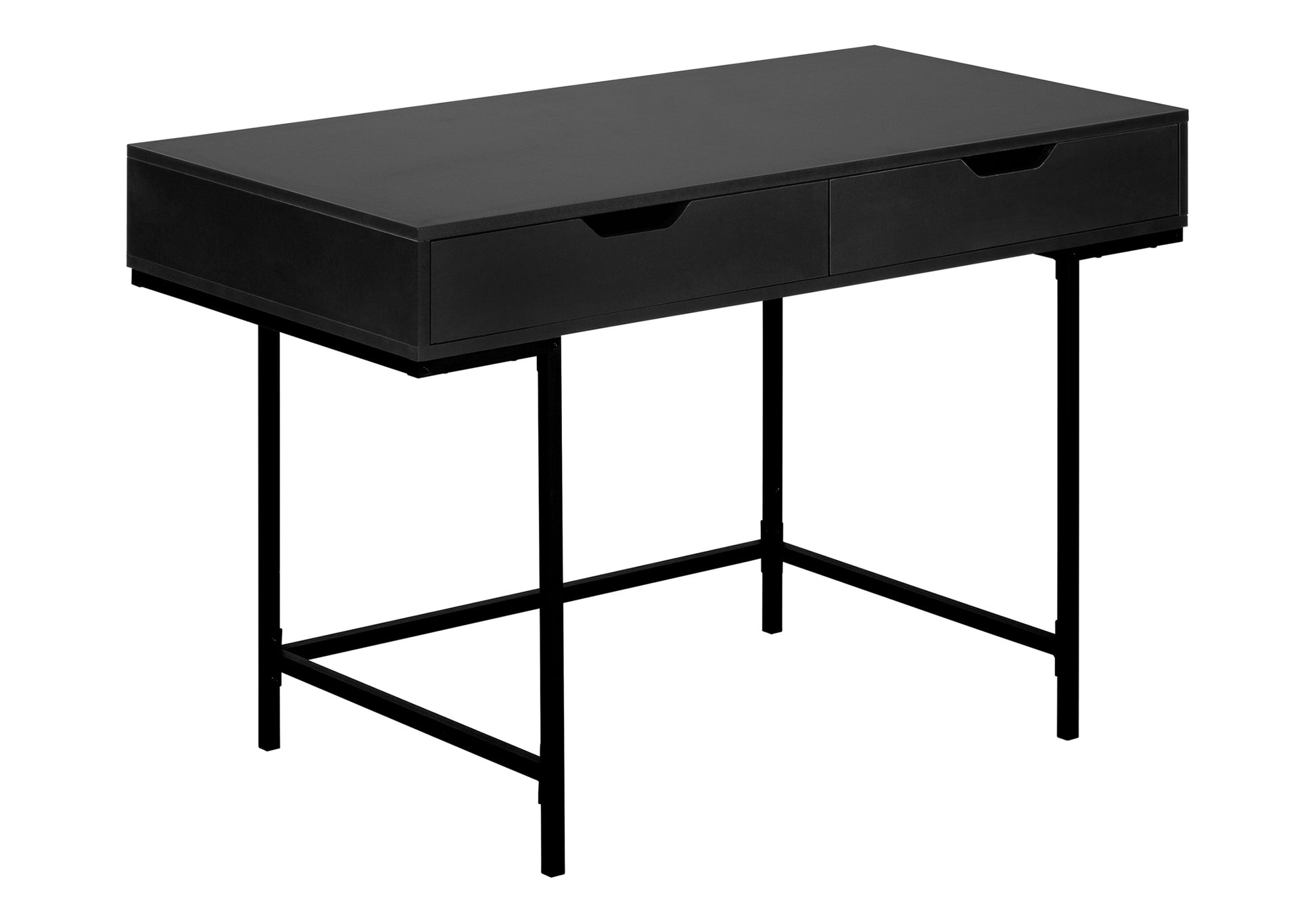 Sleek black metal desk with two drawers and slim legs