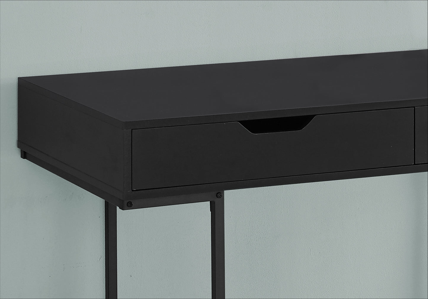 Sleek black console table with a single drawer and minimalist metal legs