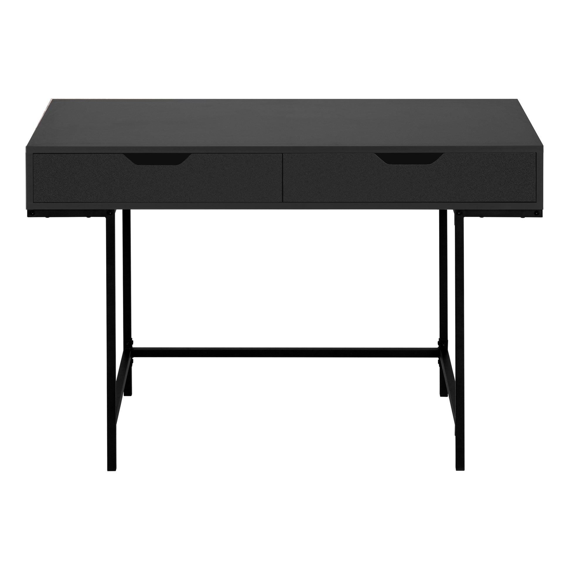 Sleek black writing desk with two drawer fronts and metal legs perfect for modern home offices