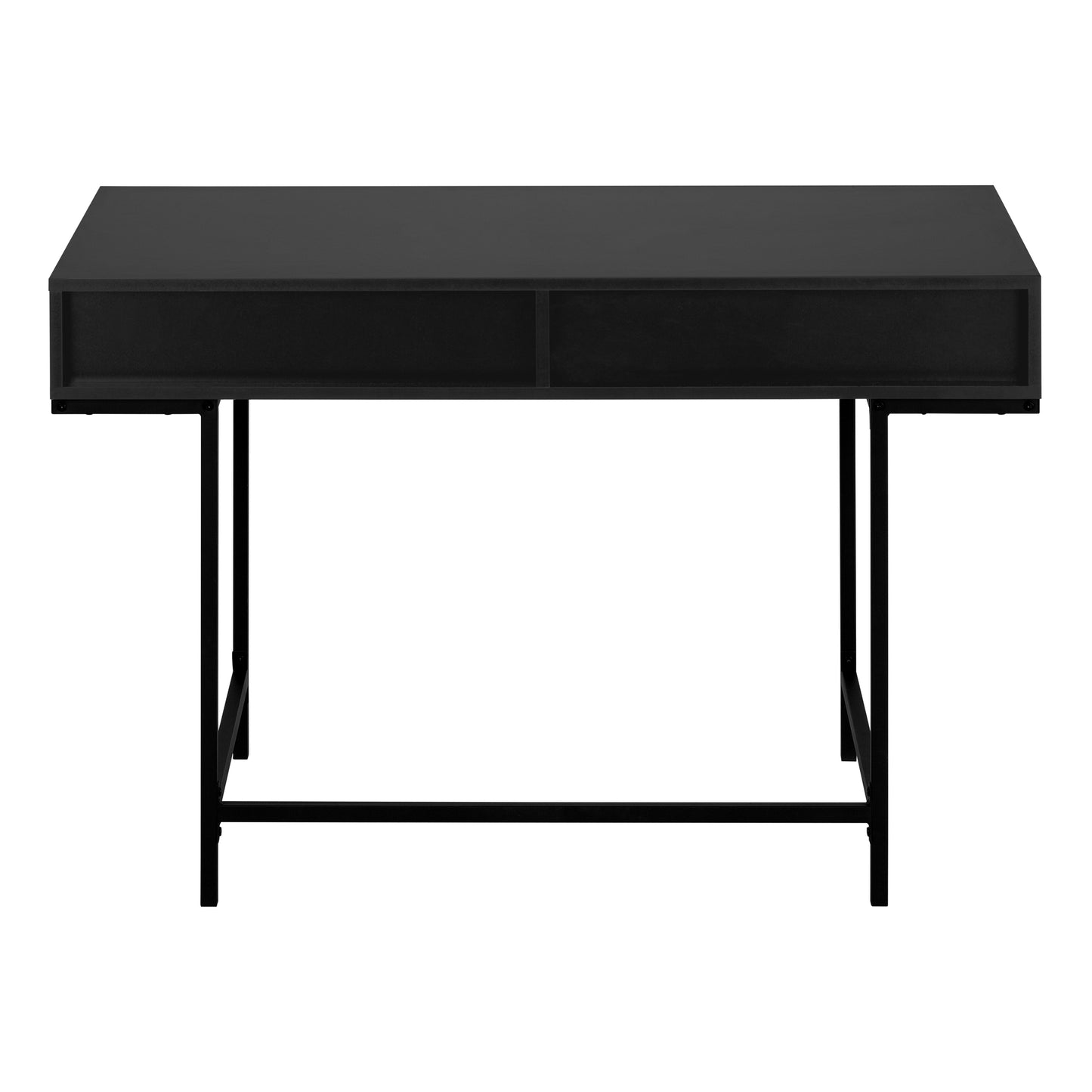 Sleek black modern desk with two drawers and minimalist metal legs perfect for a home office setup