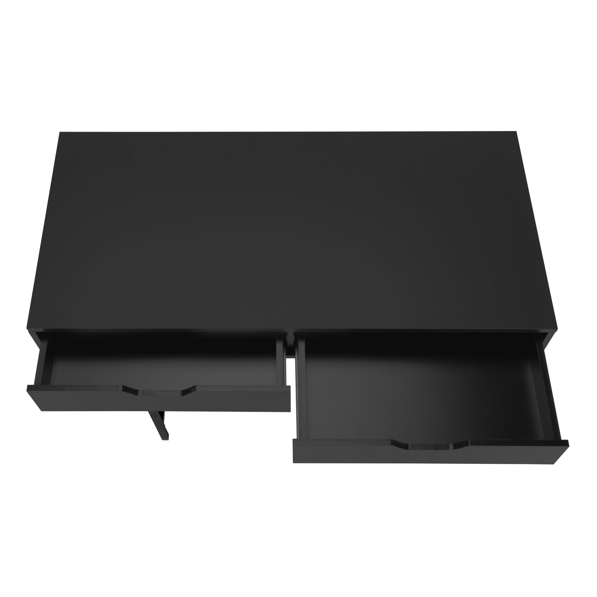 Sleek black floating shelf with two open drawers ideal for modern wall storage