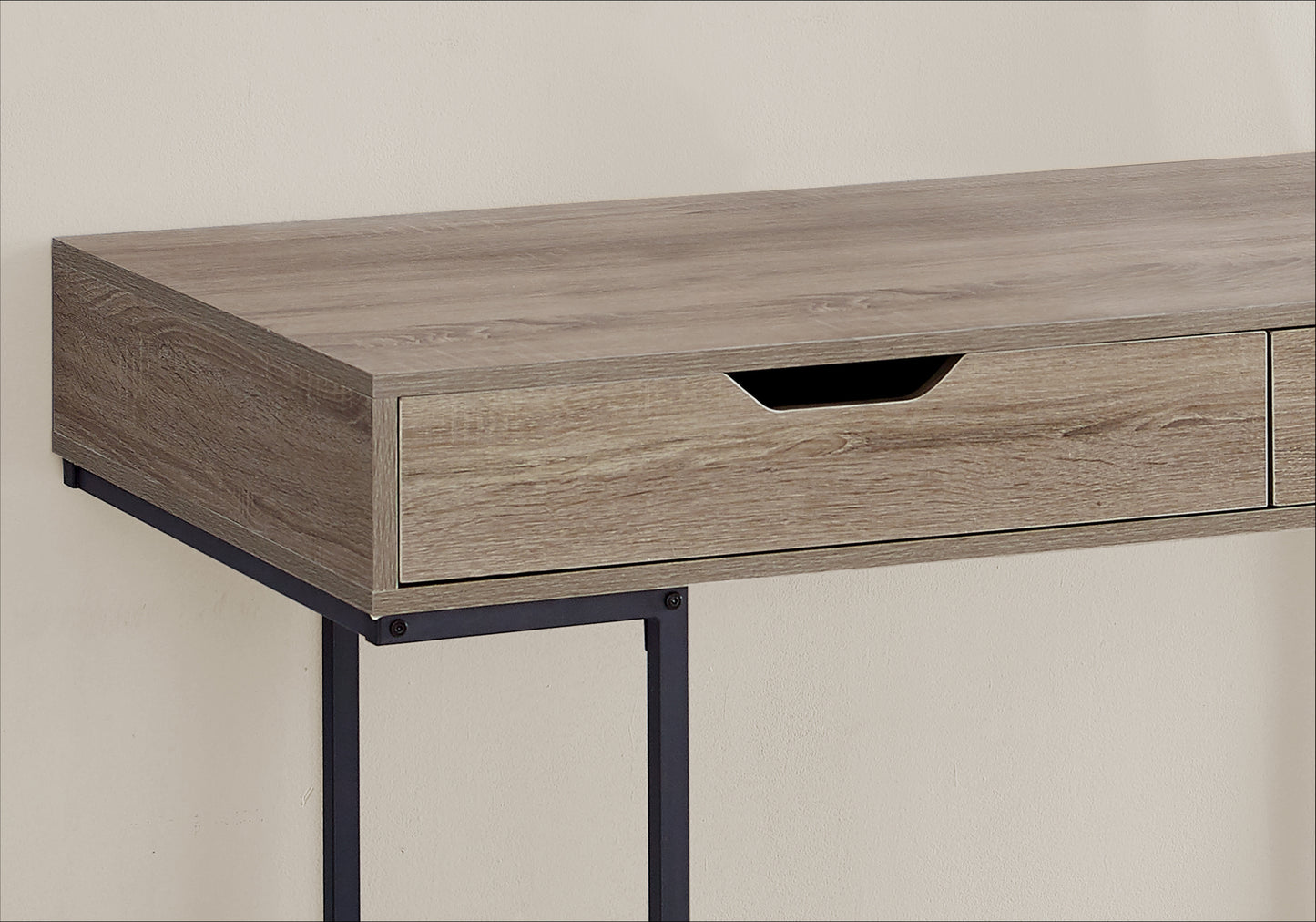 Rustic oak veneer desk with a single drawer and black metal legs
