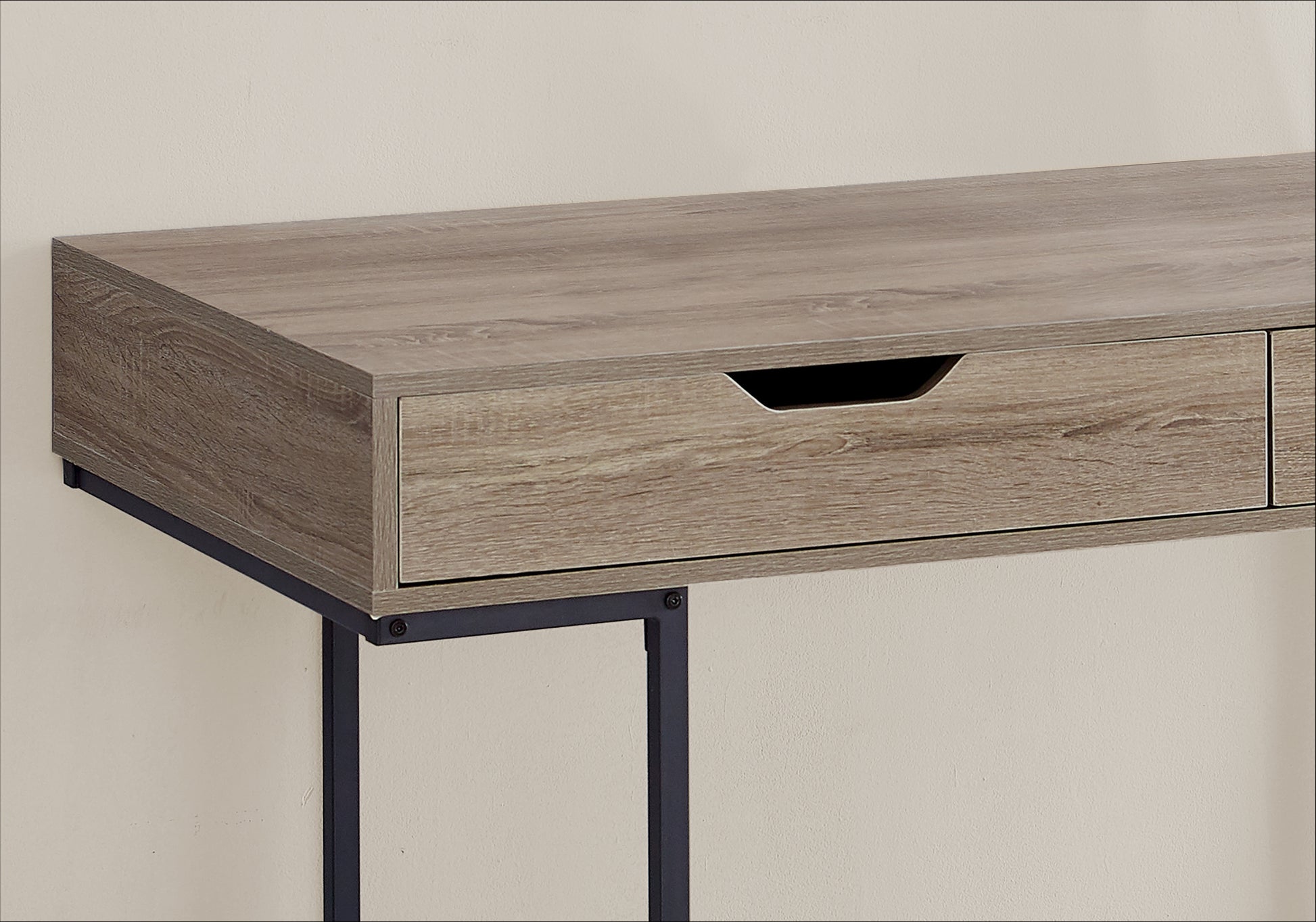 Rustic oak veneer desk with a single drawer and black metal legs