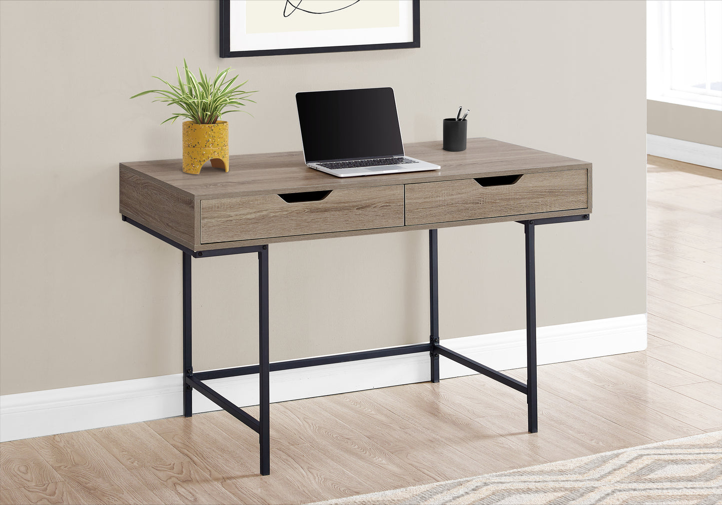 Modern wood grain writing desk with two drawers and black metal legs