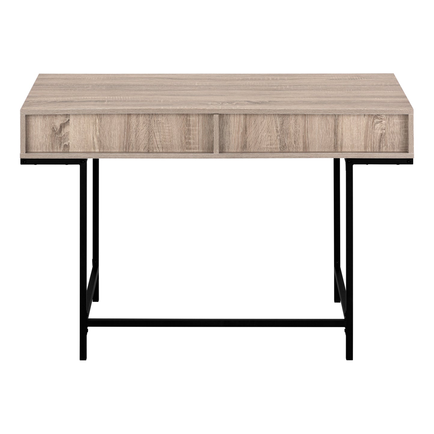 Light wood grain writing desk with two drawers and black metal legs