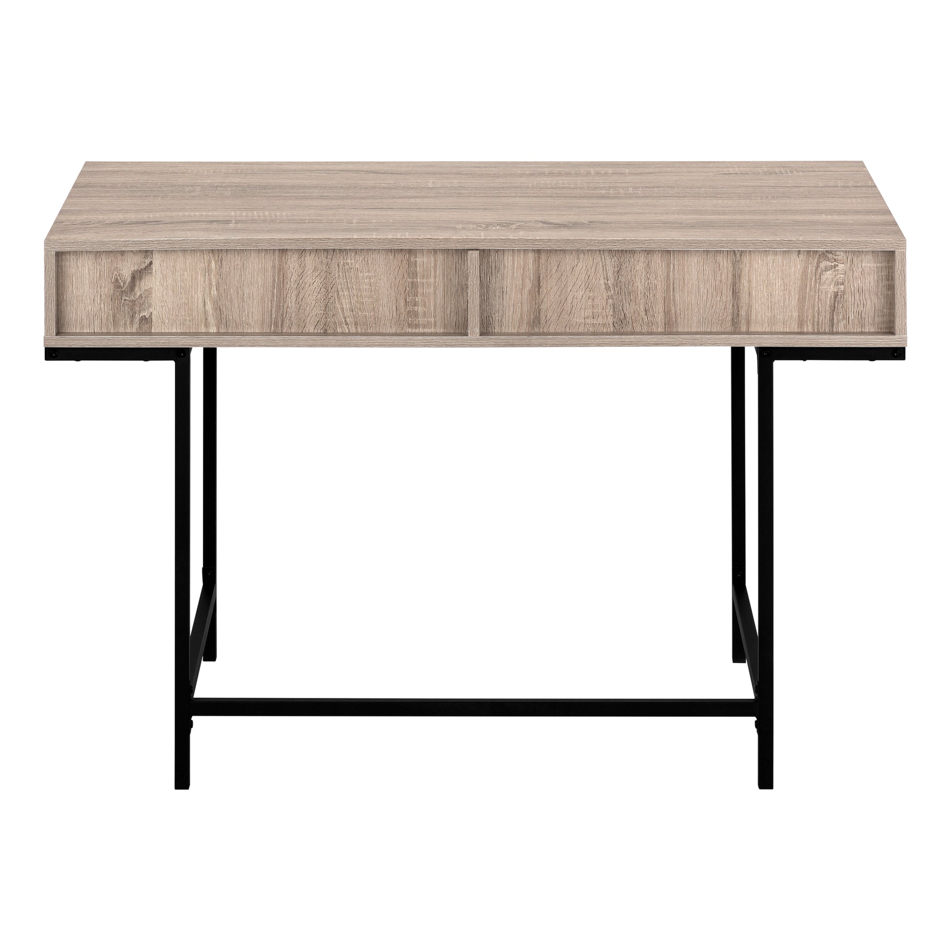 Light wood grain writing desk with two drawers and black metal legs