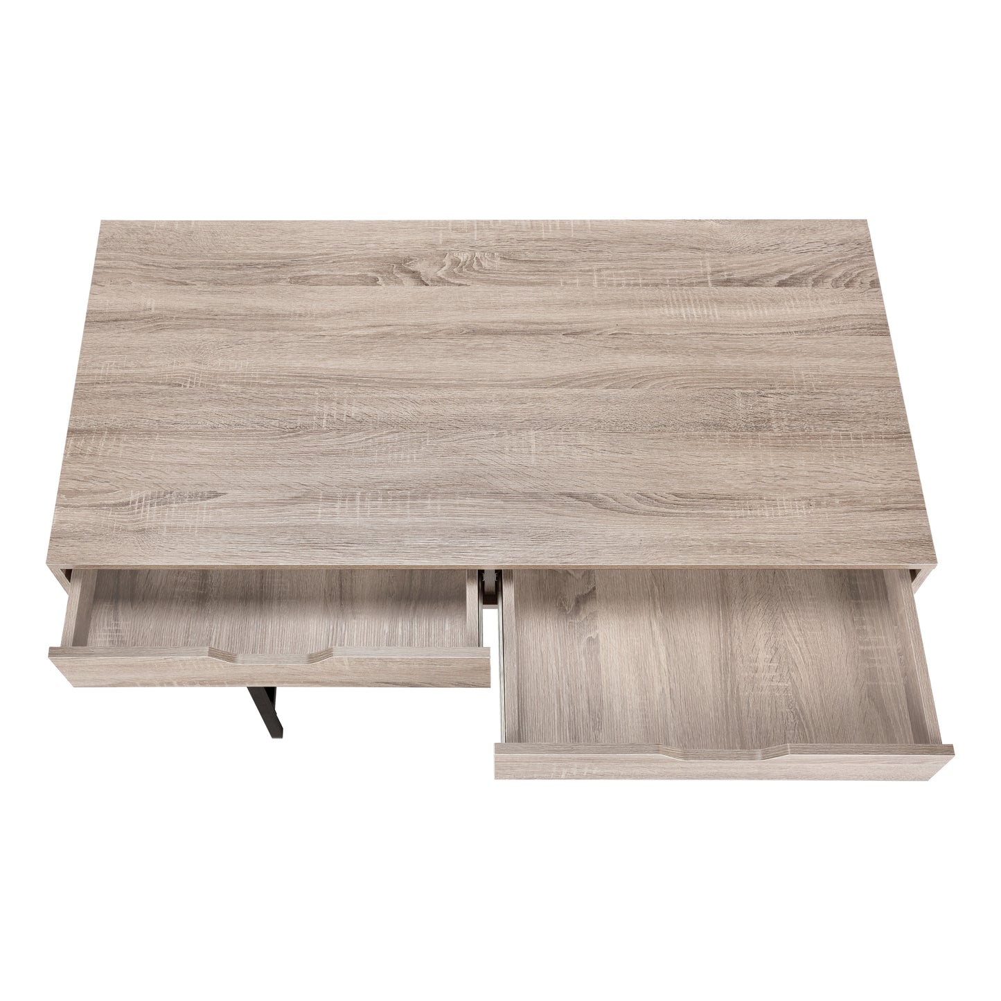 Light oak wood desk with two open drawers top view