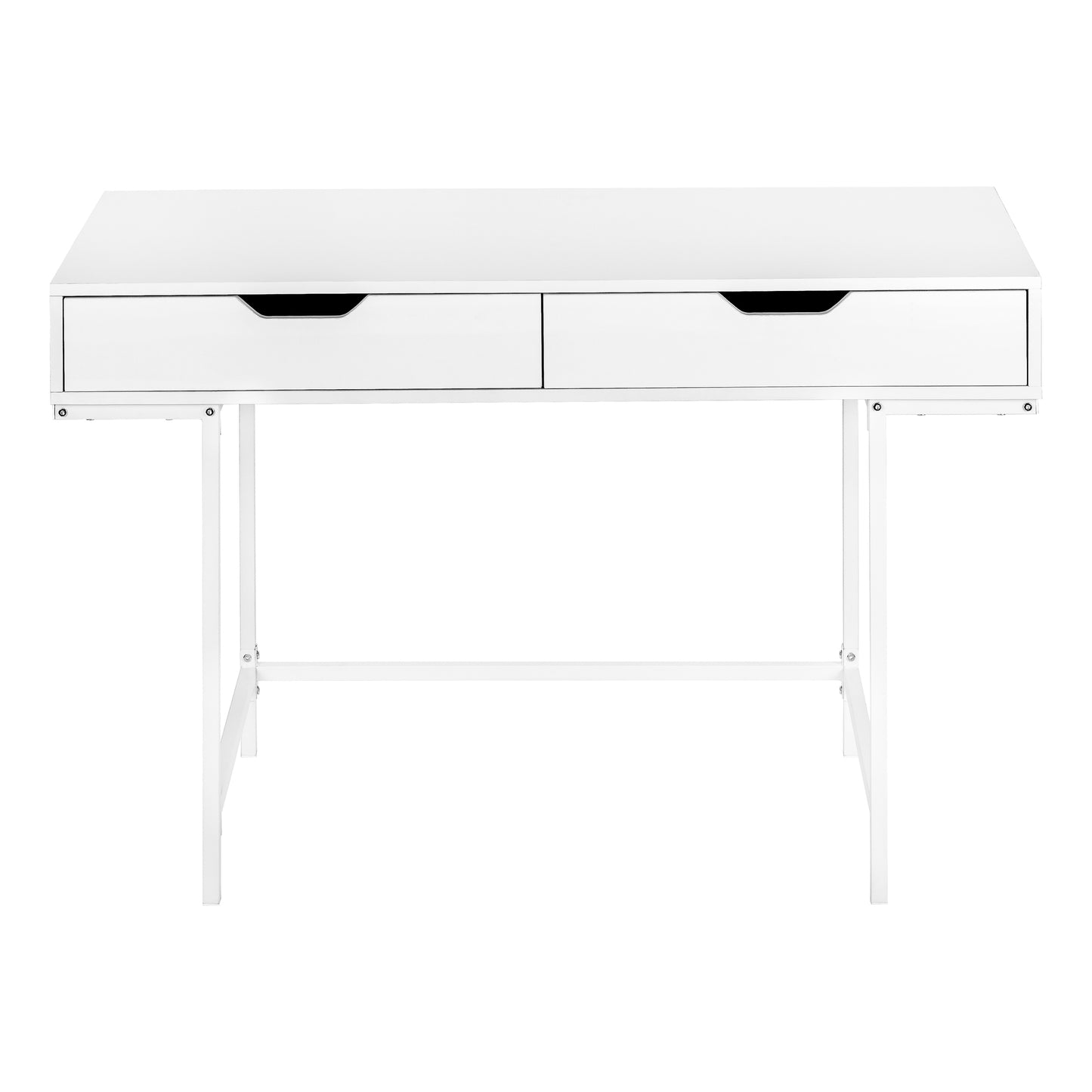 Minimalist white writing desk with two drawers and slender metal legs