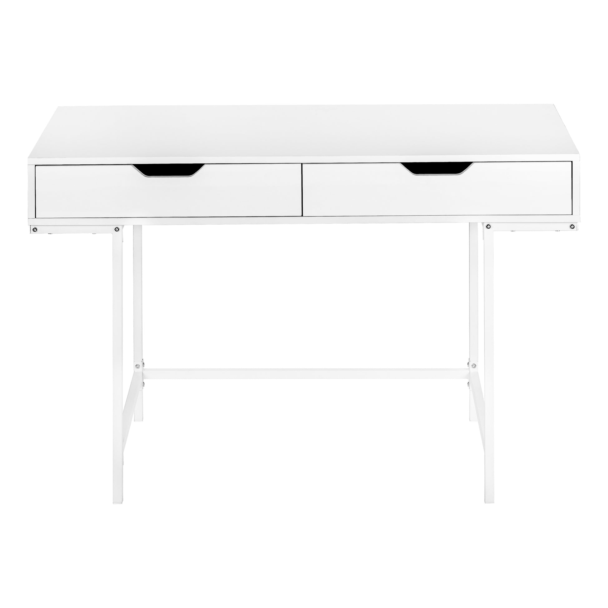 Minimalist white writing desk with two drawers and slender metal legs