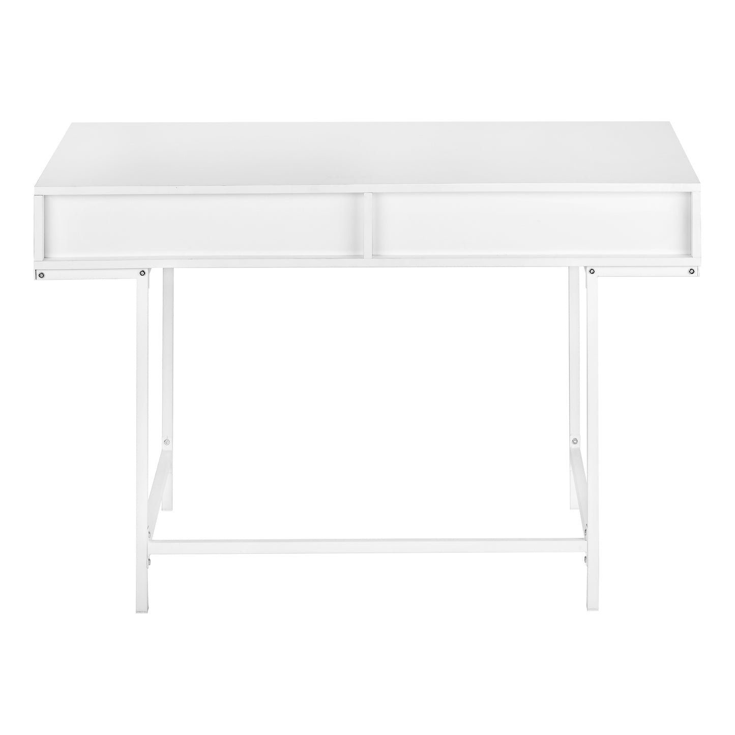 Minimalist white desk with two drawers and metal legs for home office setup