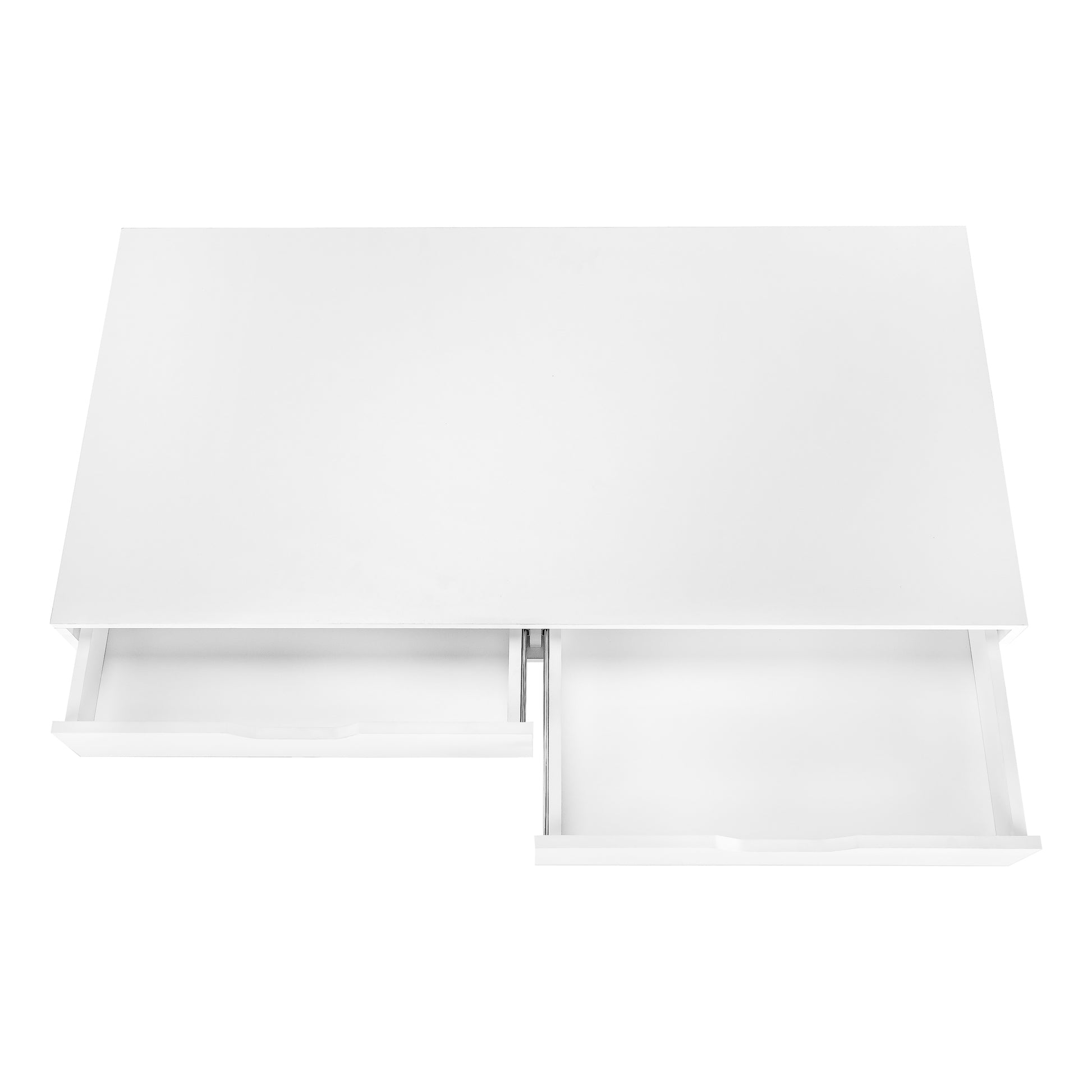Modern white desk with two open drawers clean minimalist design