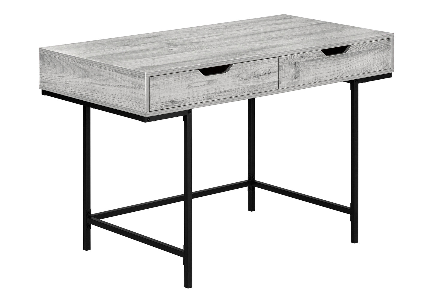 Light grey wood veneer desk with two drawers and black metal legs
