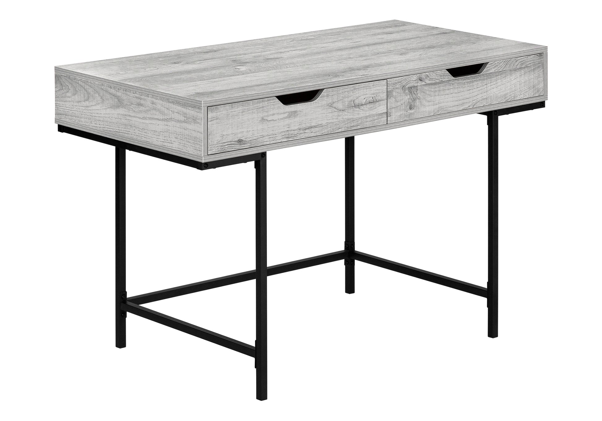 Light grey wood veneer desk with two drawers and black metal legs