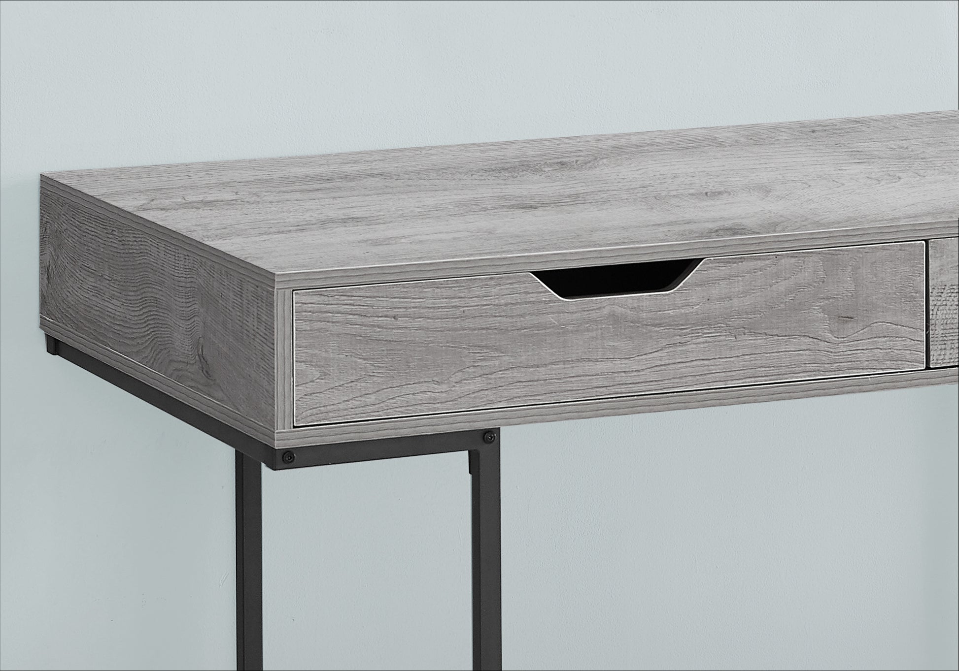 Grey washed wood effect console table with black metal frame and drawer
